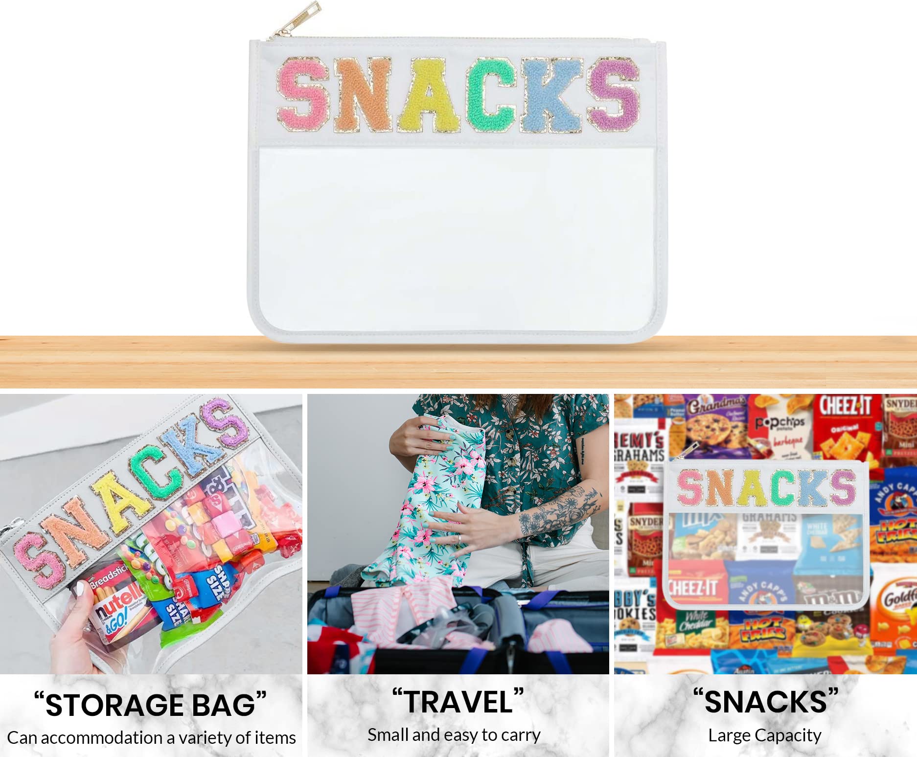 Chenille Letter Snack Pouch - Clear PVC & Nylon Zipper Snack Bag for Travel, School & Organization | Glittery Reusable Food Storage Container for Women & Kids | Perfect for Lunch, Snacks & On-the-Go Meals | White Chenille Letter Bag