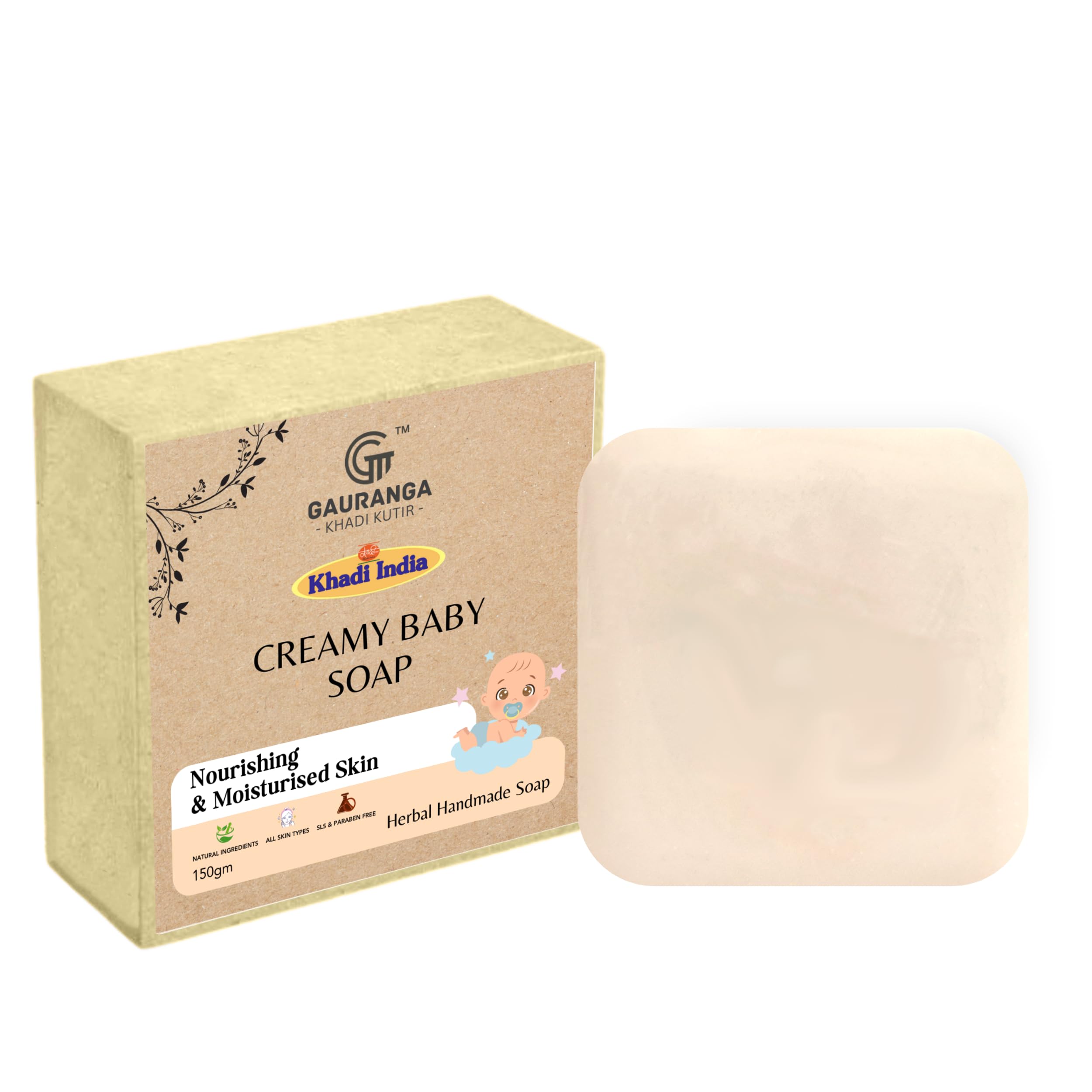 Gauranga Khadi Baby Soap 150g - Organic Handmade Gentle Soap for Newborns & Sensitive Skin | Natural Moisturizing Bath Bar with Herbal Ingredients | Hypoallergenic, Chemical-Free | Perfect for Daily Baby Care & Bath Time Routine