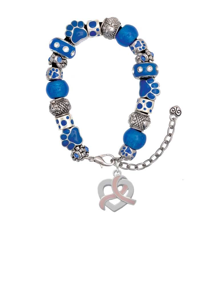 Blue Paw Print Bead Bracelet with Heart Outline & Pink Ribbon - Adjustable 7