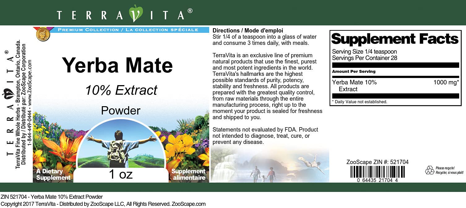 Organic Yerba Mate Powder 1 oz (28g) - 10% Pure Extract - Natural Energy Boost - ZIN: 521704 - Perfect for Tea, Smoothies & Pre-Workout Drinks