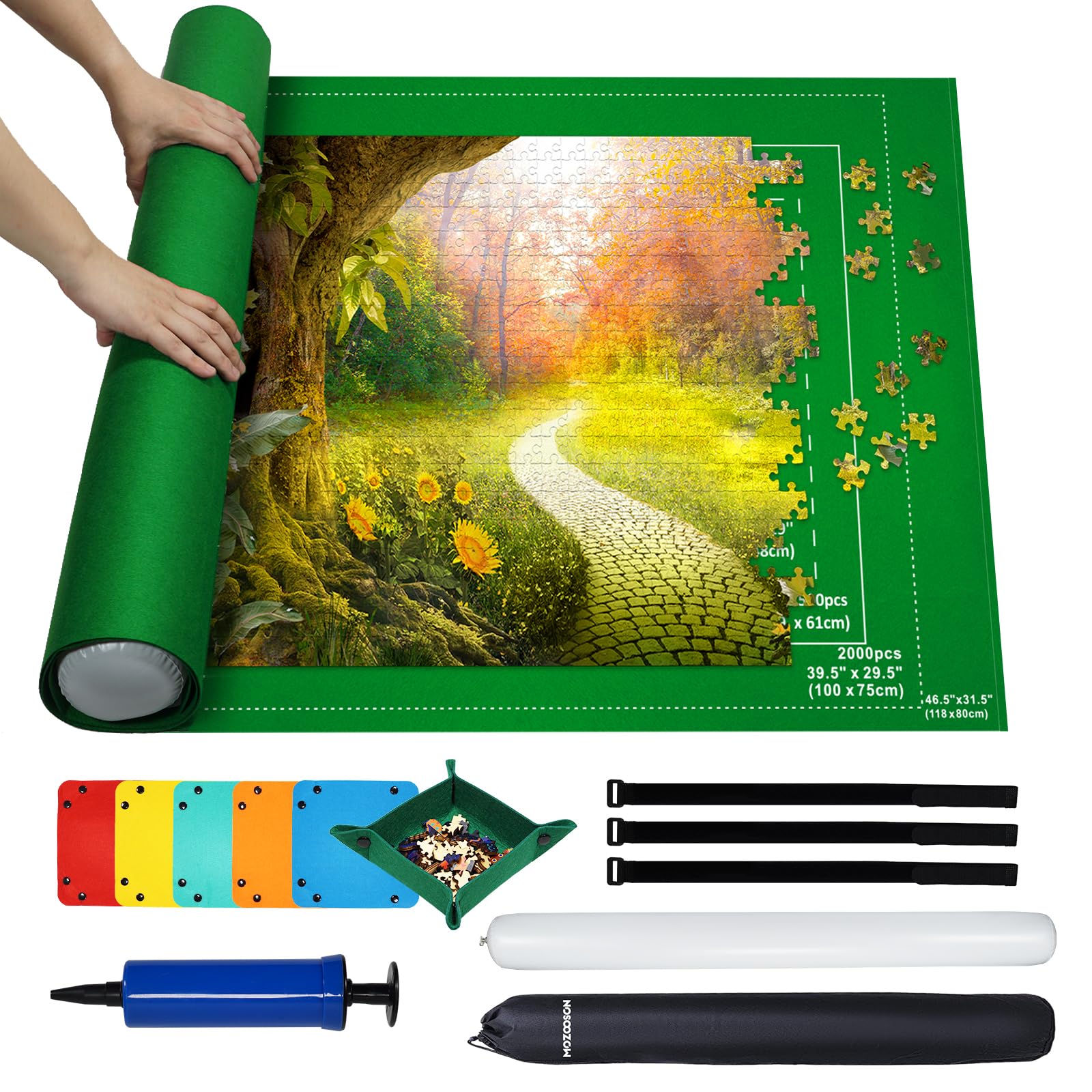 MOZOOSON Jigsaw Puzzle Mat for Up to 1000 1500 2000 Pieces - Portable Felt Puzzle Roll with 6 Sorting Trays - Puzzle Storage Solution for Adults & Kids - Perfect for Home, Travel and Puzzle Enthusiasts