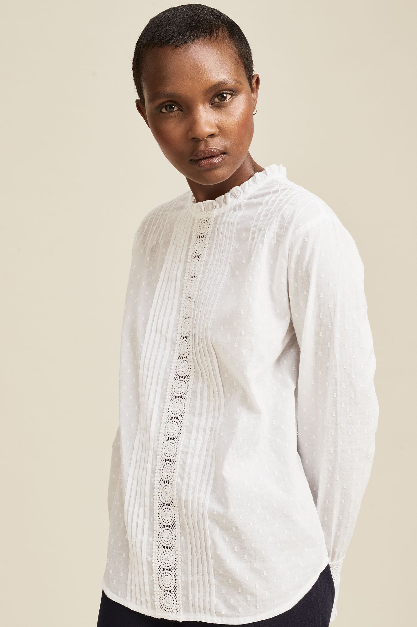 Gina Frill Dobby Blouse for Women - Elegant White Blouse with Ruffles | Perfect for Office Wear, Date Night & Spring Outfits