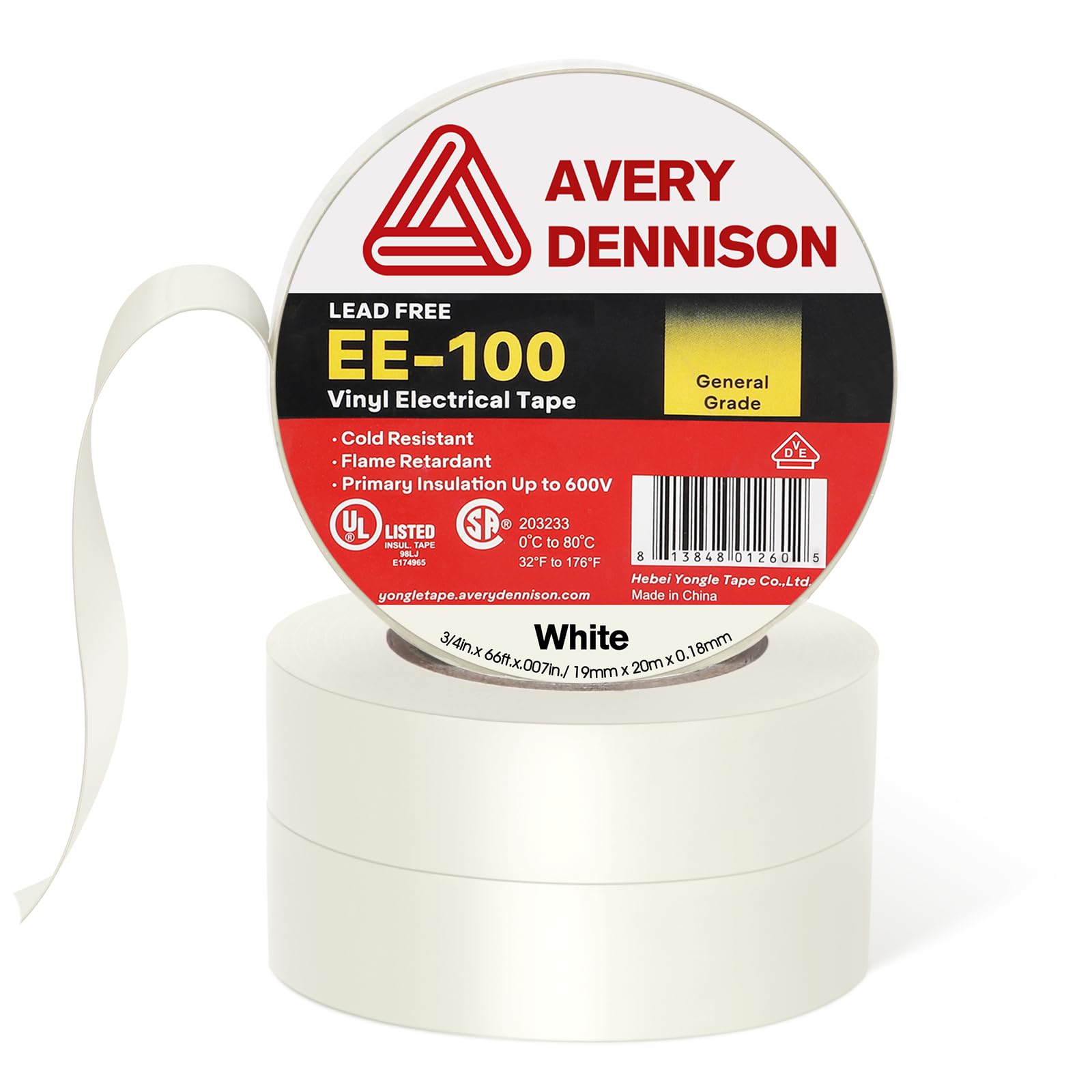 UL/CSA Listed White PVC Electrical Tape - ¾ in x 66 ft, 100 Rolls - Waterproof Insulating Vinyl Tape for Electrical Repairs, Automotive Wiring, HVAC & Equipment Maintenance - Perfect for Home DIY Projects, Electrician Tools & Industrial Applications