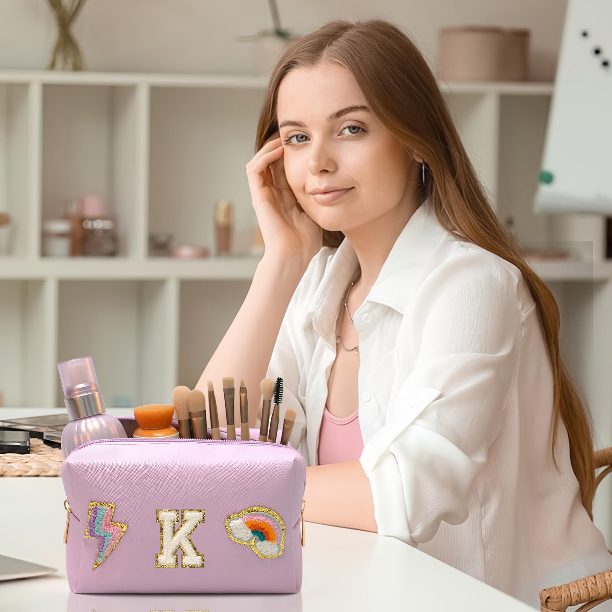 Preppy Monogram Initial K Pink Makeup Bag - Waterproof PU Cosmetic Pouch for Skincare & Travel Organizer | Cute Birthday Gift for Women, Daughter, Mother | Perfect for Daily Use, Travel & Gym Essentials Storage