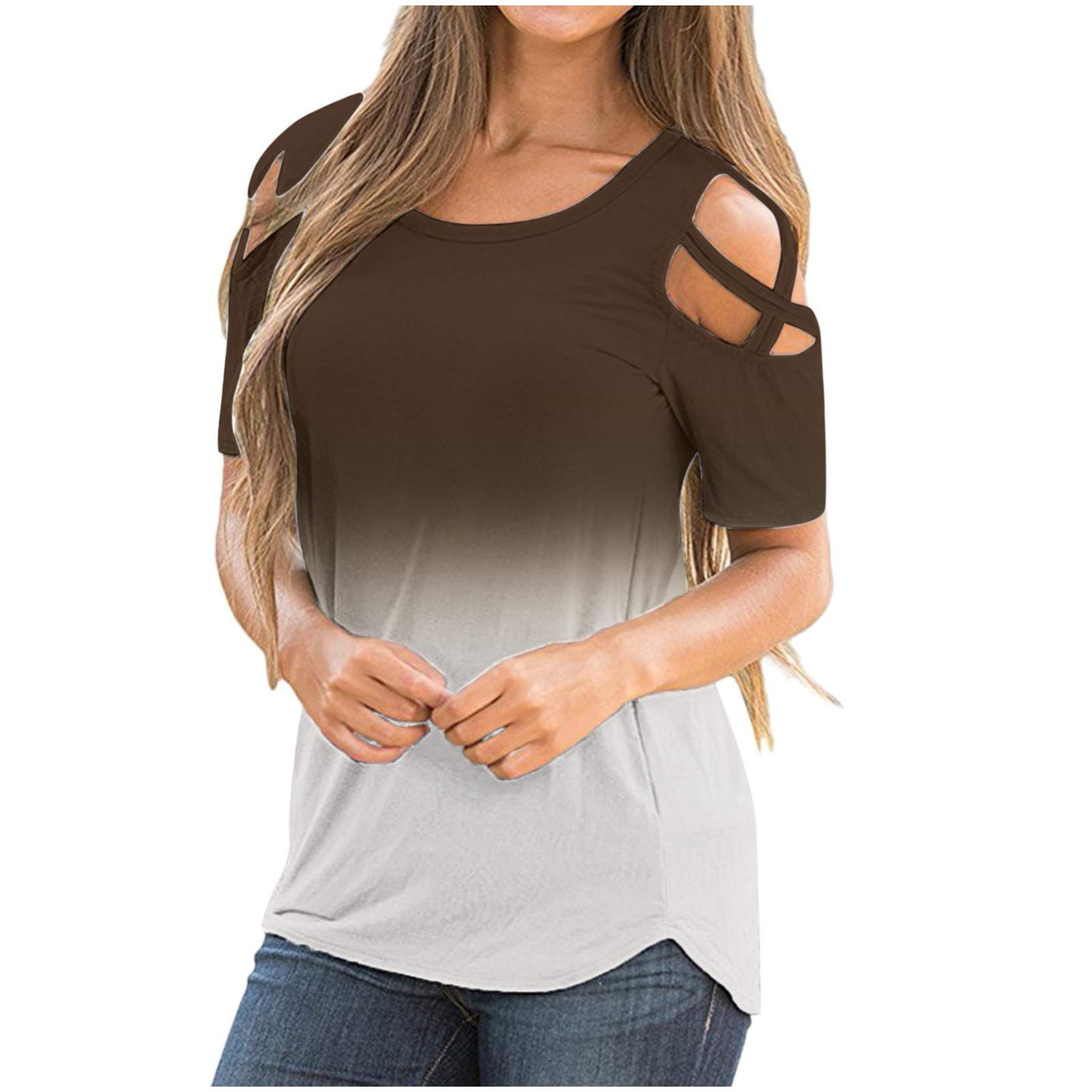 Qisemi Women's Summer Tops - Short Sleeve V Neck Zipper Cold Shoulder Blouse Tunic Tee | Casual Pure Color Shirts for Outdoor, Beach & Daily Wear