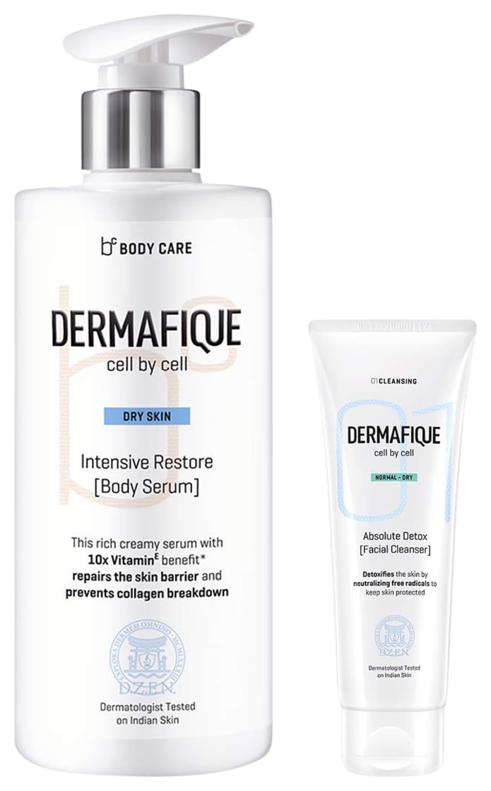 Dermafique Absolute Detox Facial Cleanser 100ml & Intensive Restore Body Lotion Serum with Vitamin E 300ml - Deep Cleansing & Hydrating Skincare Set for Glowing Skin - Perfect for Daily Face Wash & Body Moisturizing Routine