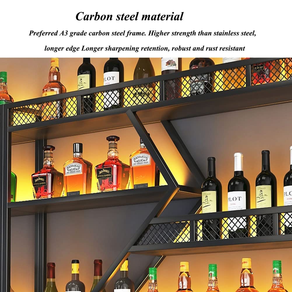 Modern Wall Mounted Wine Rack with LED Lights - Iron Metal Wine Bottle & Glass Holder, Floating Bar Shelves for Living Room, Restaurant, Kitchen Decor | Space-Saving Wine Storage Solution for Home Bars & Entertaining Areas (Black)