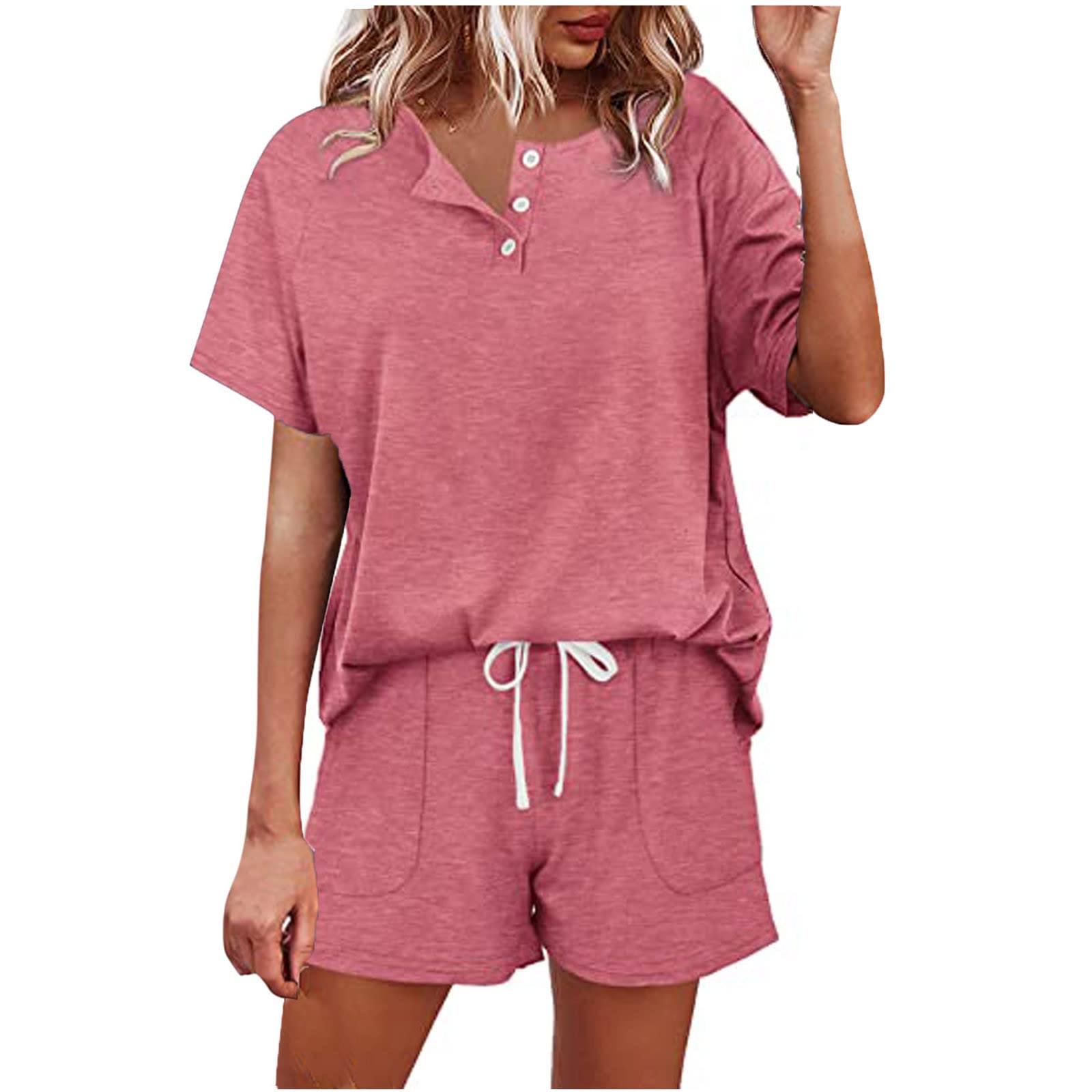 Kinrui Women's 2-Piece Pajama Set - Short Sleeve Soft Sleepwear & Lounge PJS with Pockets (S-XXL) | Comfortable Summer Nightwear for Home, Vacation & Relaxation