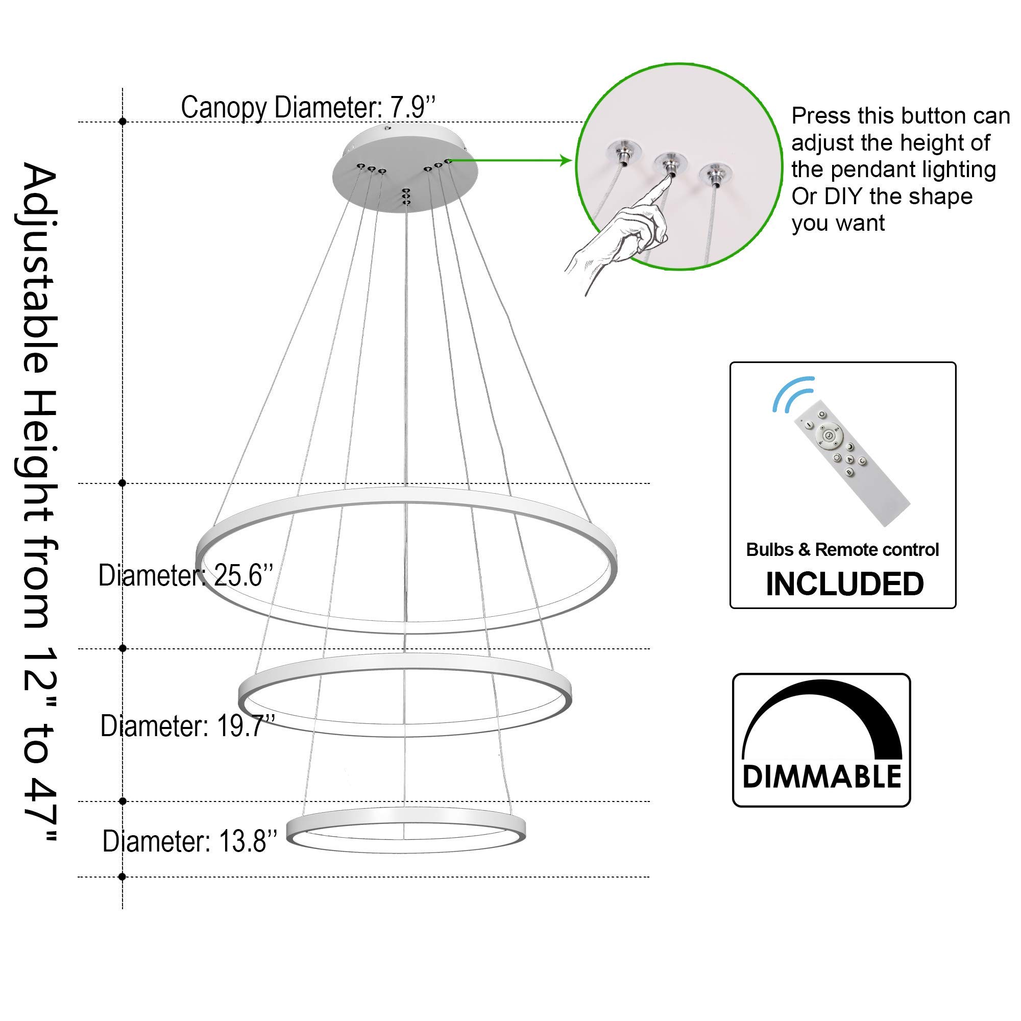 Modern Dimmable LED Chandelier Lighting - 3 Ring Contemporary Pendant Light Fixture for Dining Room, Living Room, Bedroom & Foyer - Cool White Hanging Ceiling Light for Home Decor & Ambiance