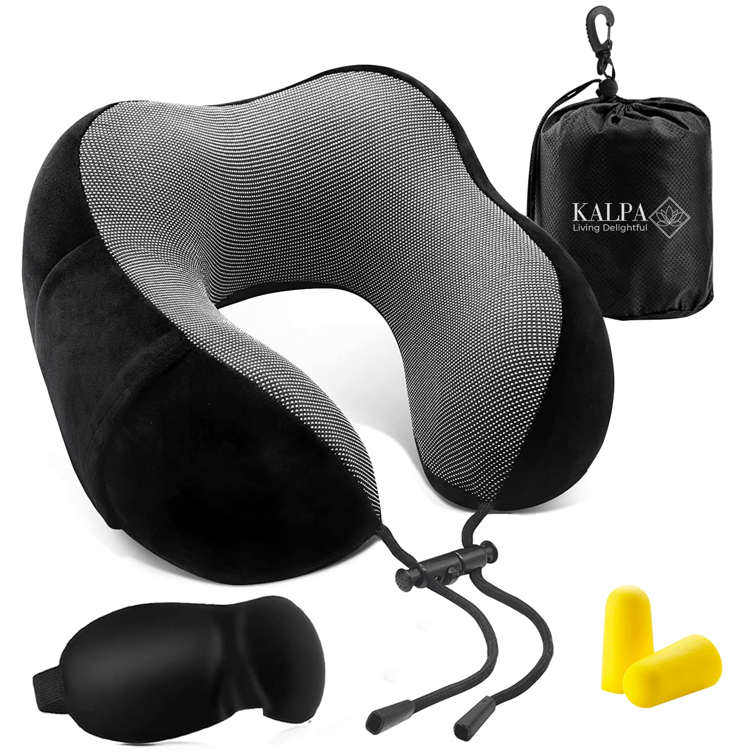 **Kalpa Living Deluxe Memory Foam Travel Neck Pillow - Ultra Comfortable Head & Neck Support for Airplane, Car & Office - 4-in-1 Travel Pillow Set with Carabiner (Stylish Black) - Perfect for Long Flights, Road Trips & Work Breaks**