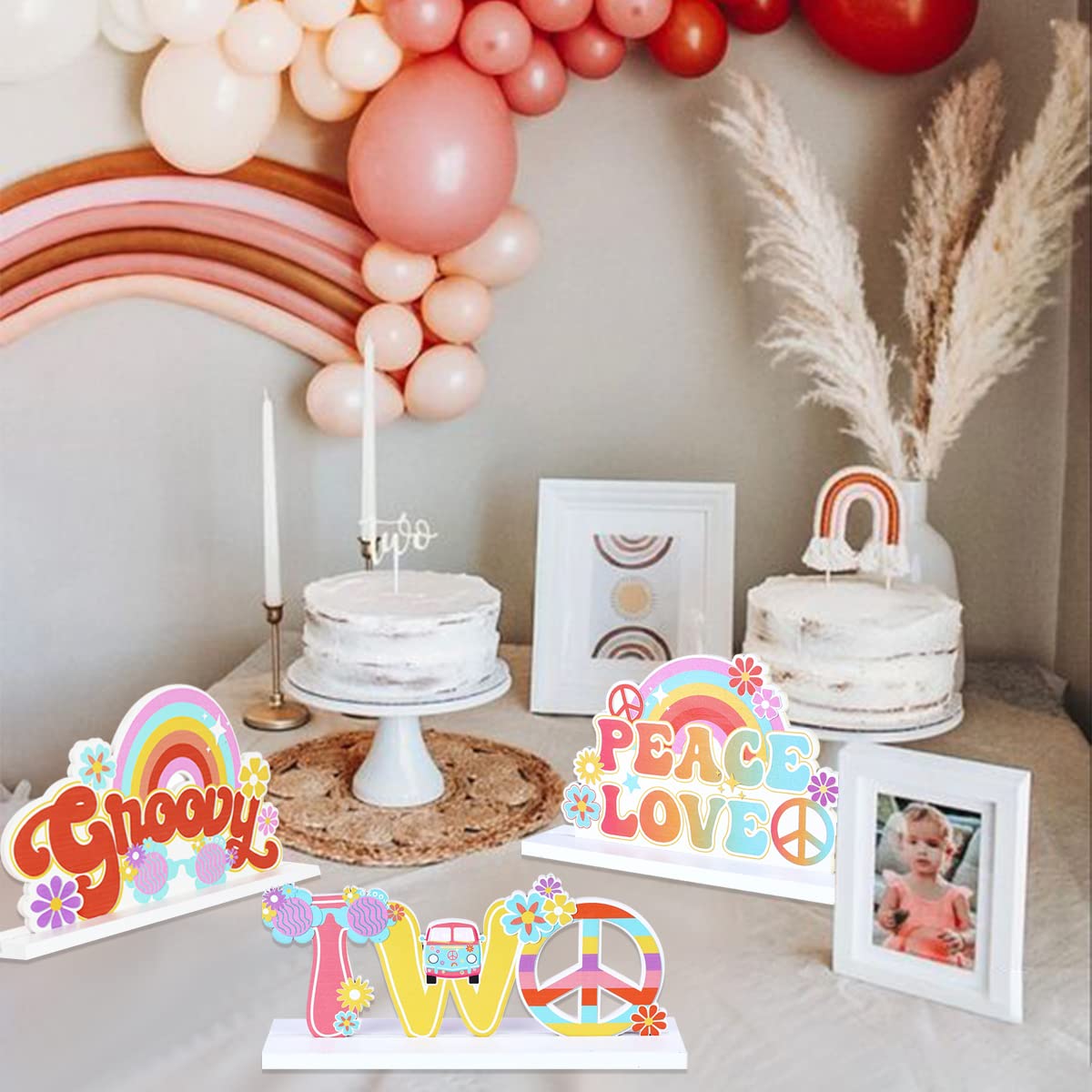 Bohemian Rainbow Wooden Letter Sign - 2-Piece Party Decor Set for Girls Birthday, Baby Shower & Nursery Room Decor (3PCS)