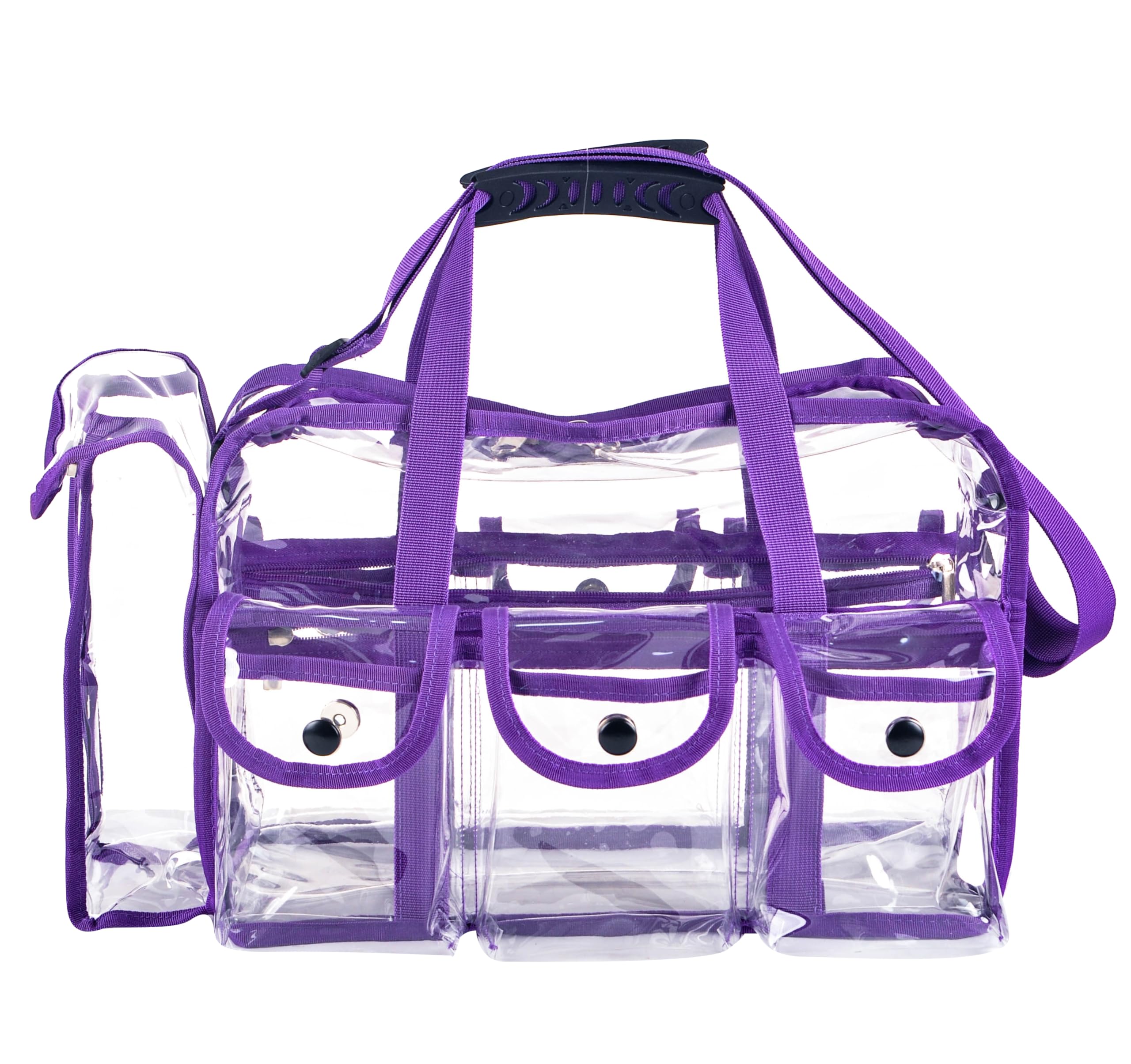 Professional Clear PVC Travel Makeup Organizer Bag - Large Wide Mouth Cosmetic & Nail Artist Case with 6 External Pockets, Adjustable Strap - Perfect for Travel, Salon, Beach & Diaper Storage (Purple)