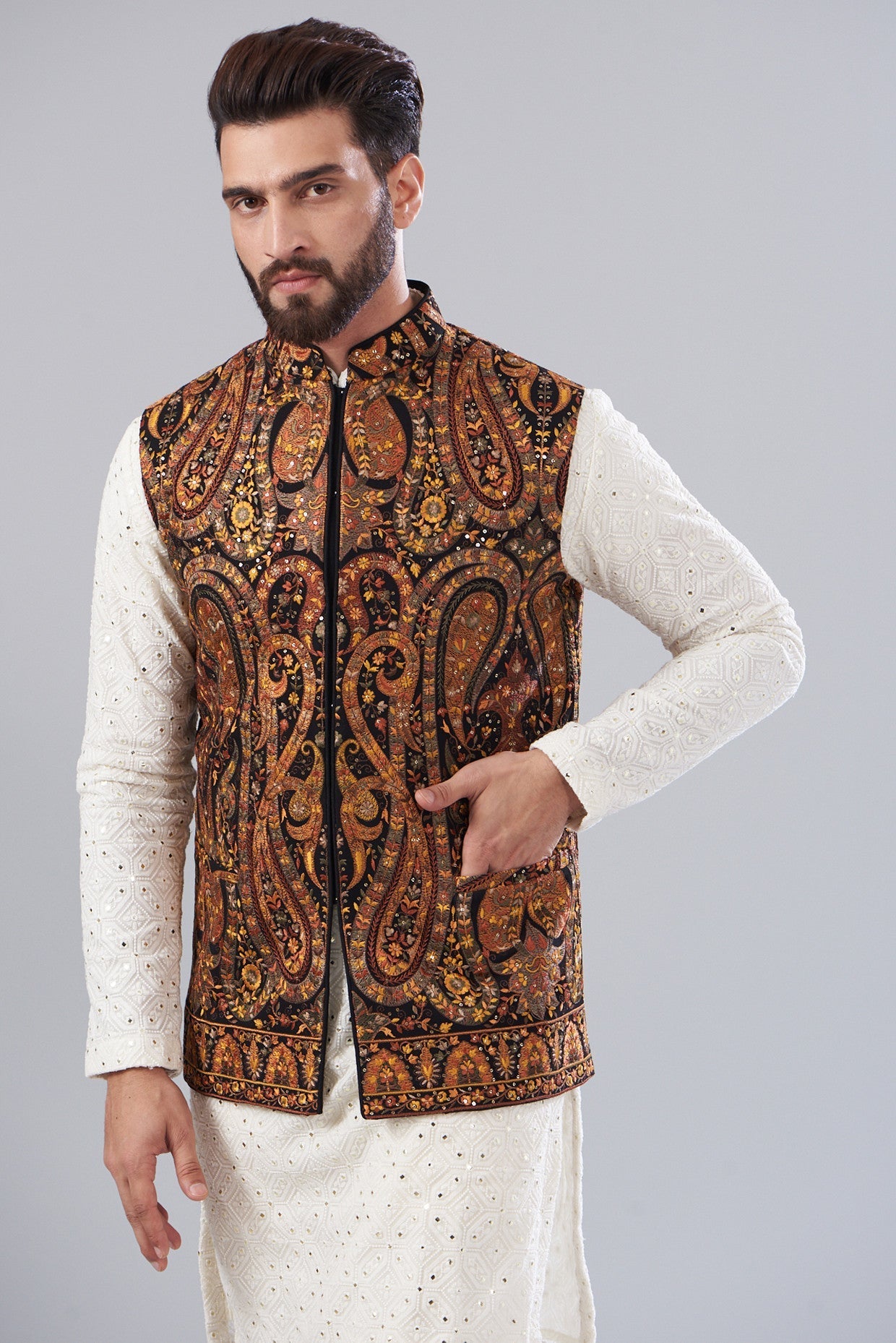 Authentic Kashmiri Embroidered Nehru Jacket for Men - Traditional Indian Wedding & Festive Wear - Elegant Ethnic Outerwear for Special Occasions