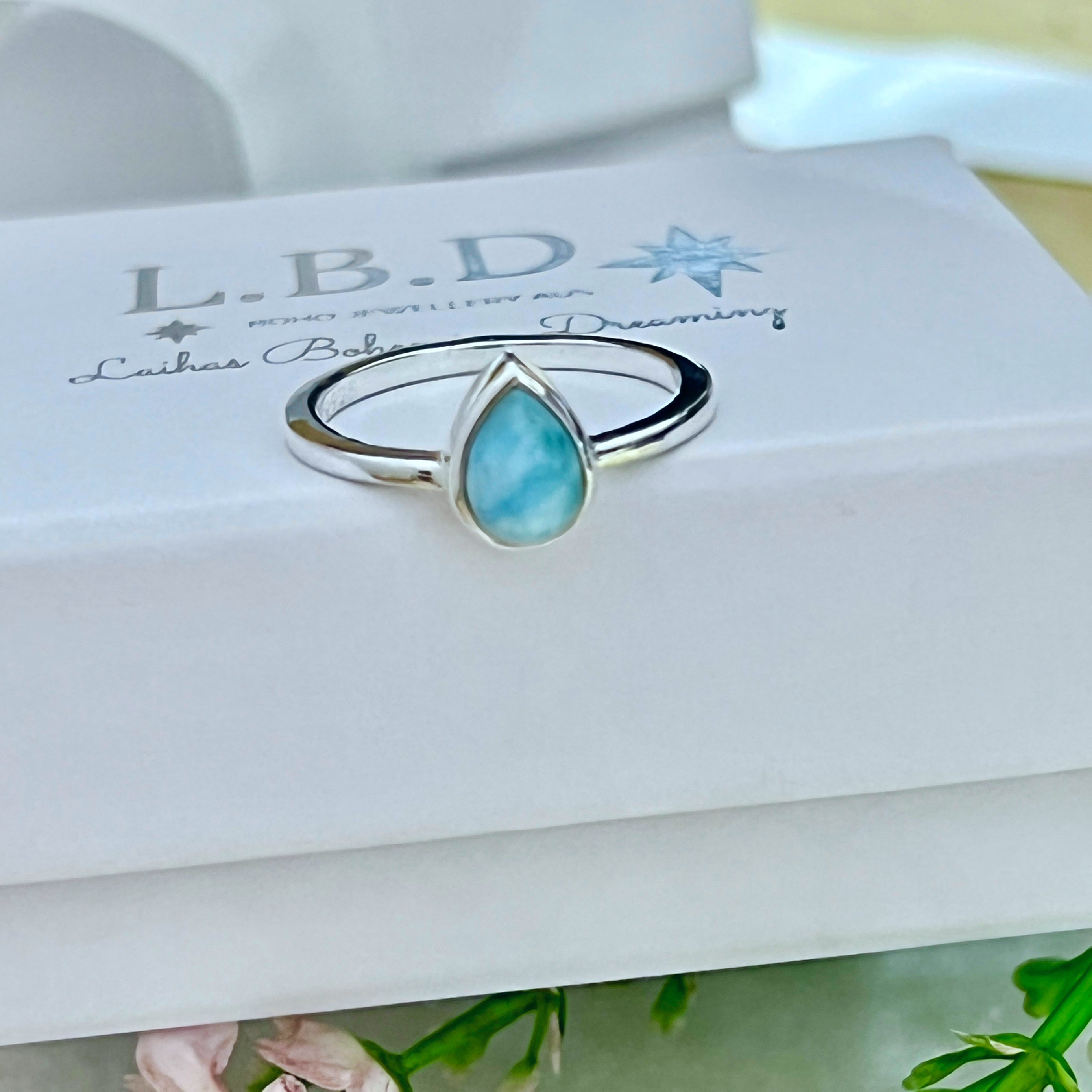 Laihas Mini Tearing Spirit Larimar Ring - Genuine Larimar Stone Silver Jewelry for Women, Handmade Boho Chic Ring - Perfect for Meditation, Yoga & Spiritual Healing