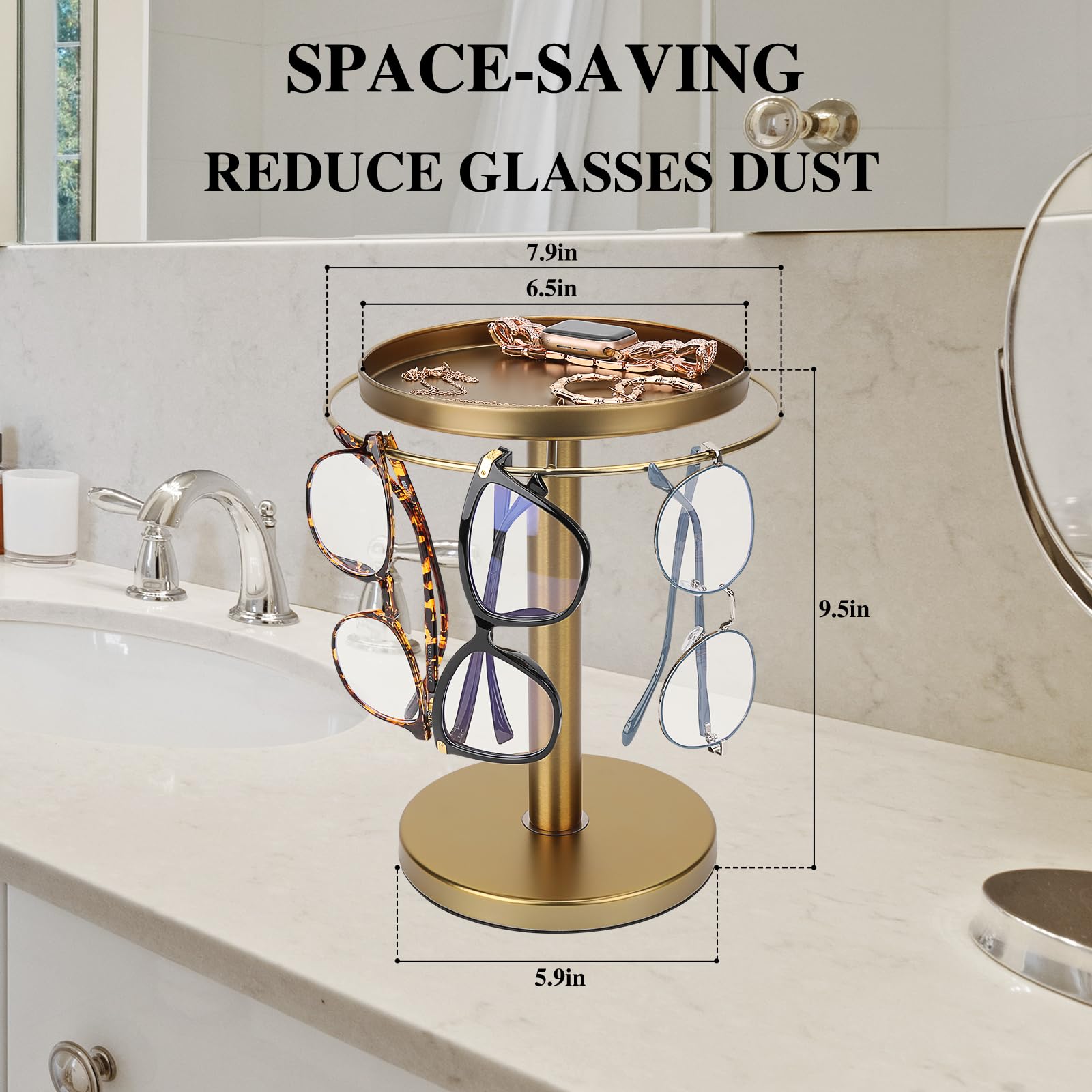 360° Rotating Sunglass Organizer - Stainless Steel Glasses Holder Stand with Tray for Desk, Dresser & Nightstand | Space-Saving Eyewear Storage for Home & Office Decor (Gold)