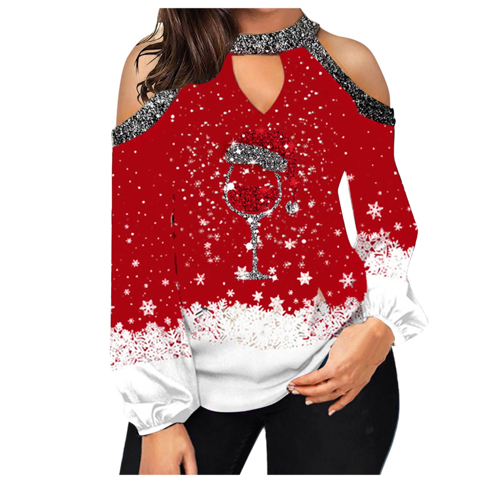 Women's Off Shoulder Christmas Tops - Casual Long Sleeve Blouse Pullover for Holiday Parties & Festive Gatherings