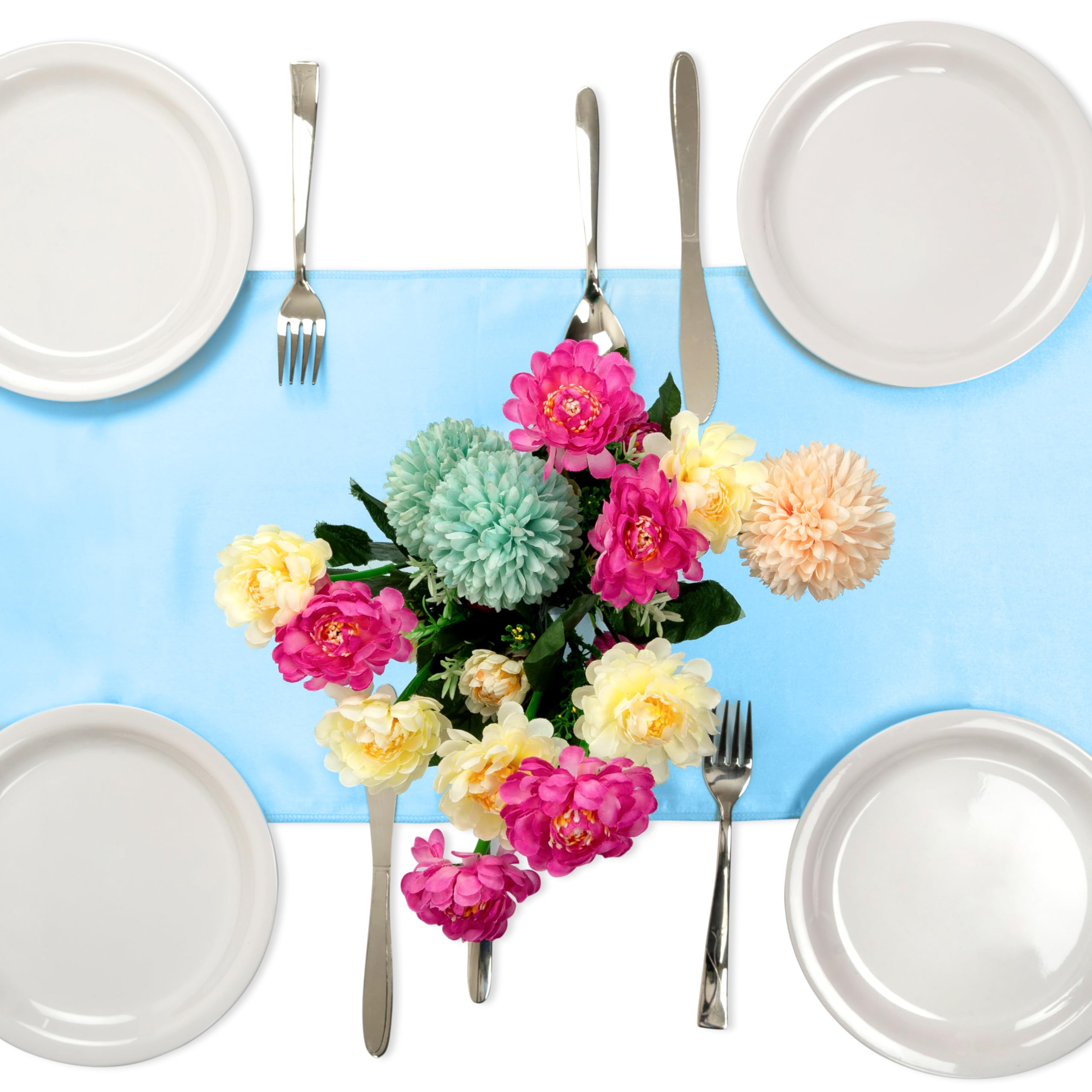 Fynite 2 Pack Baby Blue Satin Table Runner 12 x 108 Inches Long - Elegant Wedding Banquet & Birthday Party Table Decor - Smooth Silky Fabric for Dining Room & Event Centerpieces - Perfect for Holiday Celebrations & Home Decor