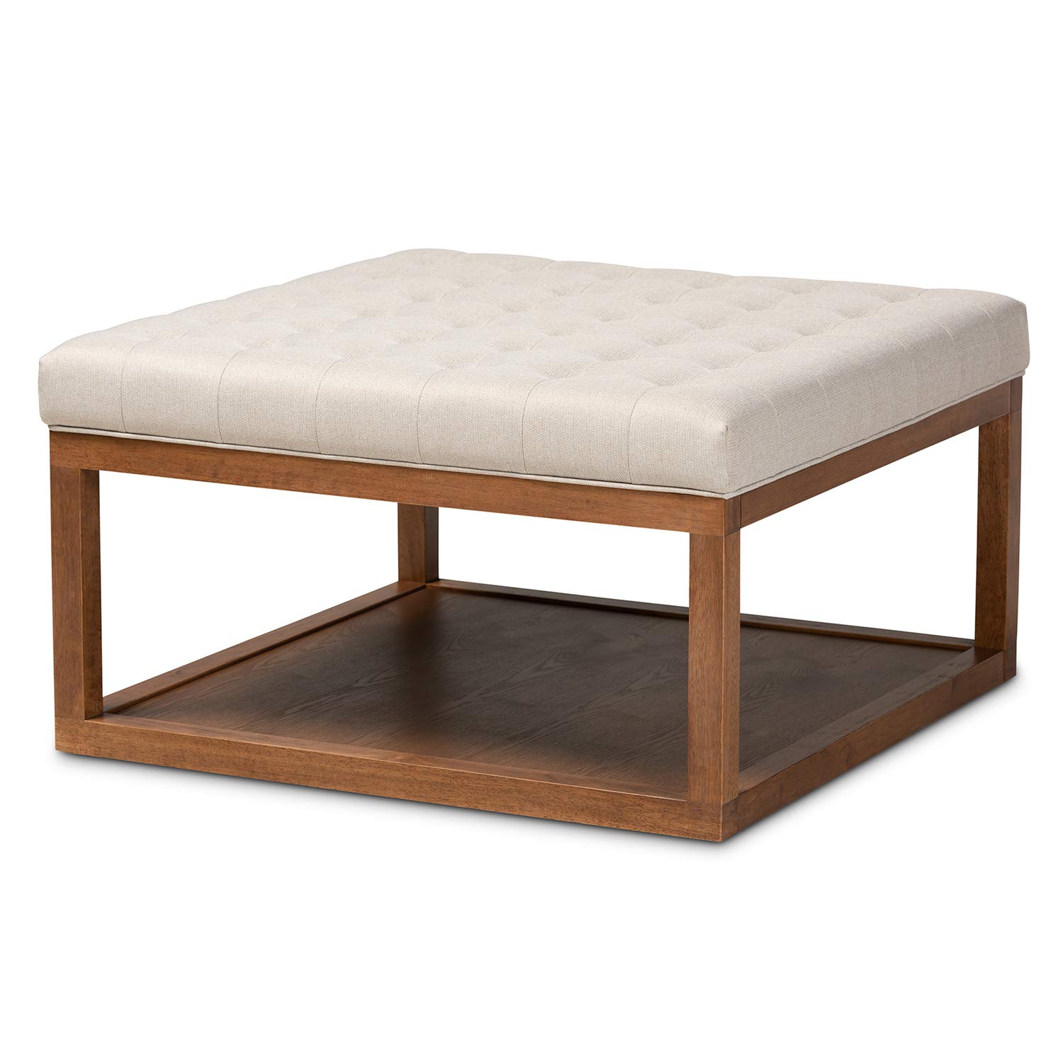 Baxton Studio Alvere Modern Beige Fabric Upholstered Walnut Cocktail Ottoman - Contemporary Living Room Furniture for Home Decor & Coffee Table Alternative