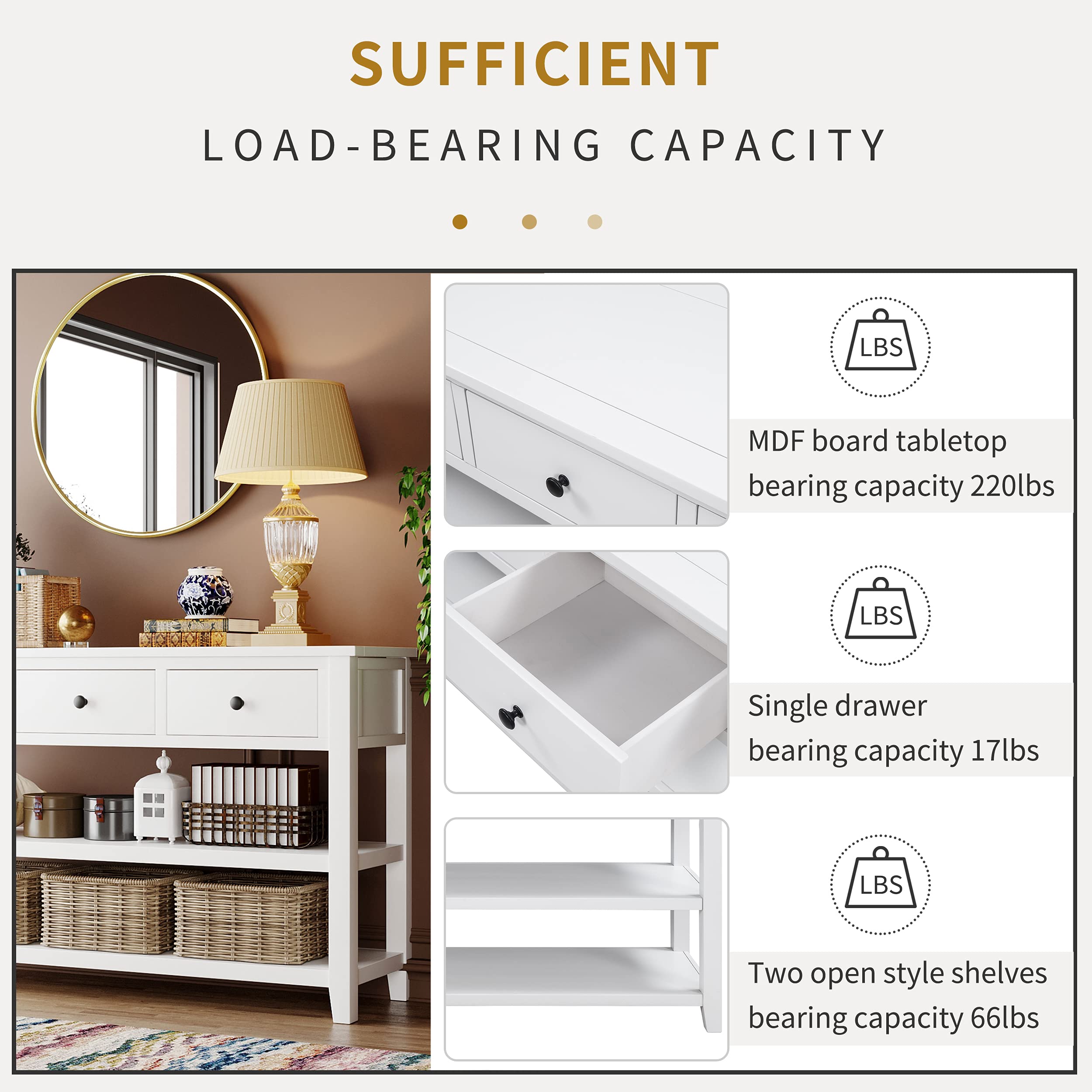 P PURLOVE Farmhouse Console Table with 3 Drawers & 2 Open Shelves - Solid Wood Entryway Sofa Table for Hallway, Living Room, Bedroom - Antique White Finish - Perfect for Home Decor, Small Space Organization & Entry Storage