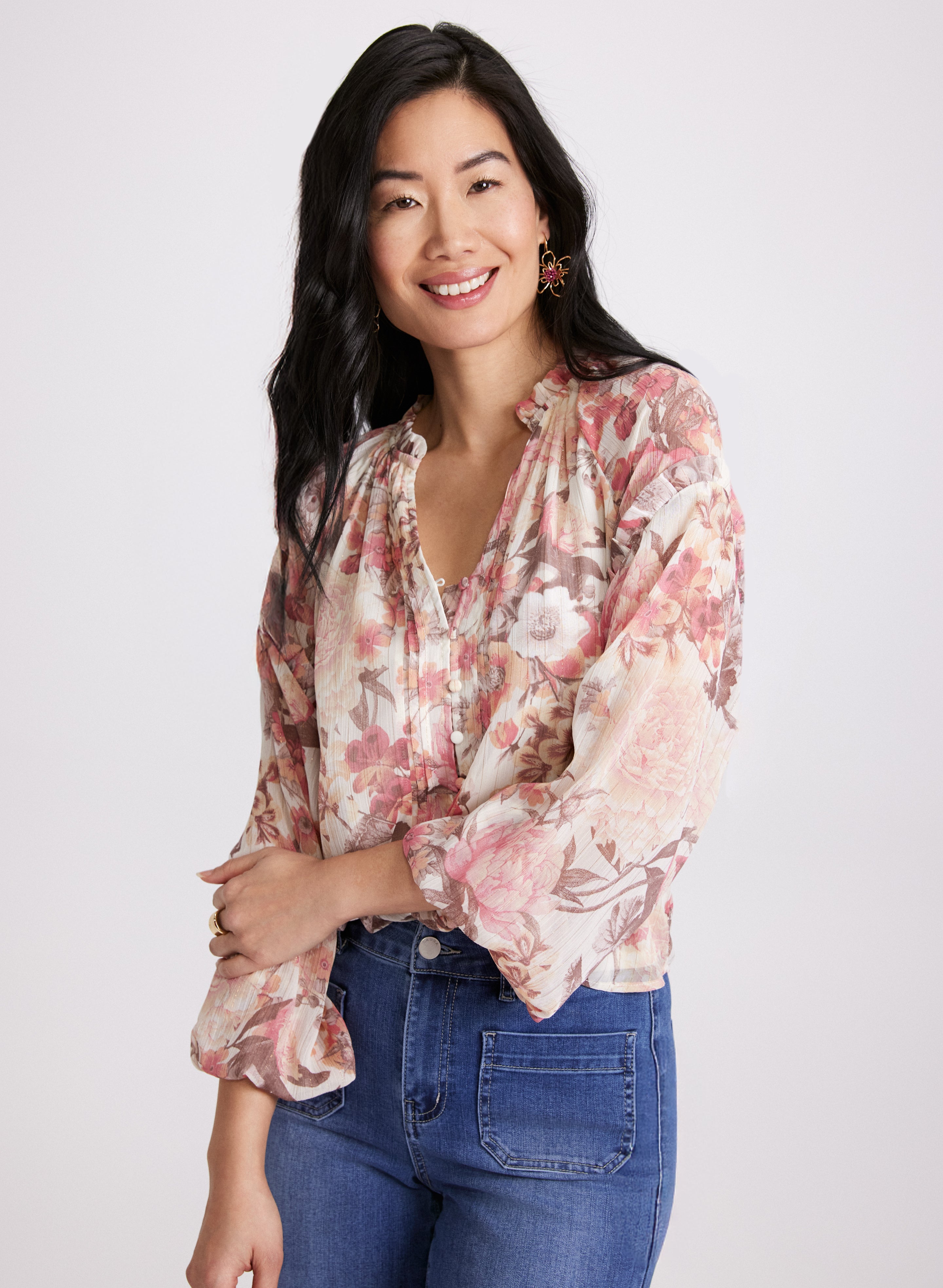 Floral Frilled Neck Blouse for Women - Elegant Ruffle Blouse Tops for Spring Summer - Perfect for Office, Date Night & Special Occasions