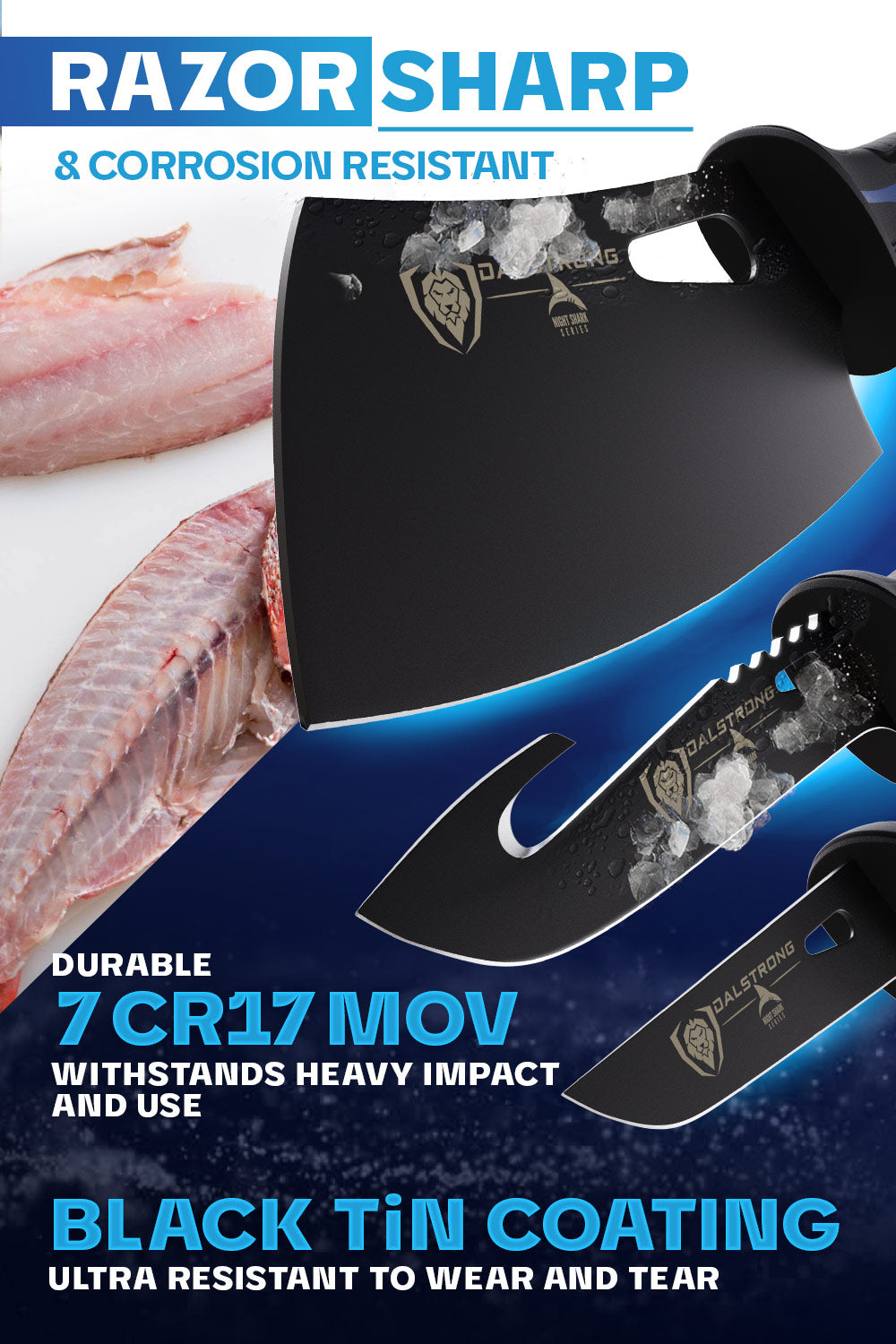 Dalstrong Night Shark Series 3-Piece Knife Set - Boning Knife, Hook Knife & Mini Cleaver | NSF Certified Professional Kitchen Knives | Perfect for Butchering, Meat Prep & Culinary Arts