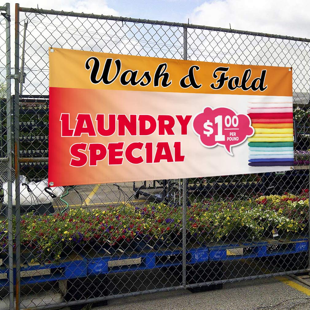 Wash & Fold Laundry Business Vinyl Banner - Weatherproof Outdoor Yard Sign with 8 Grommets (48x96 Inches) - Multiple Sizes Available for Commercial & Industrial Use - Perfect for Laundry Services, Dry Cleaners & Retail Promotions