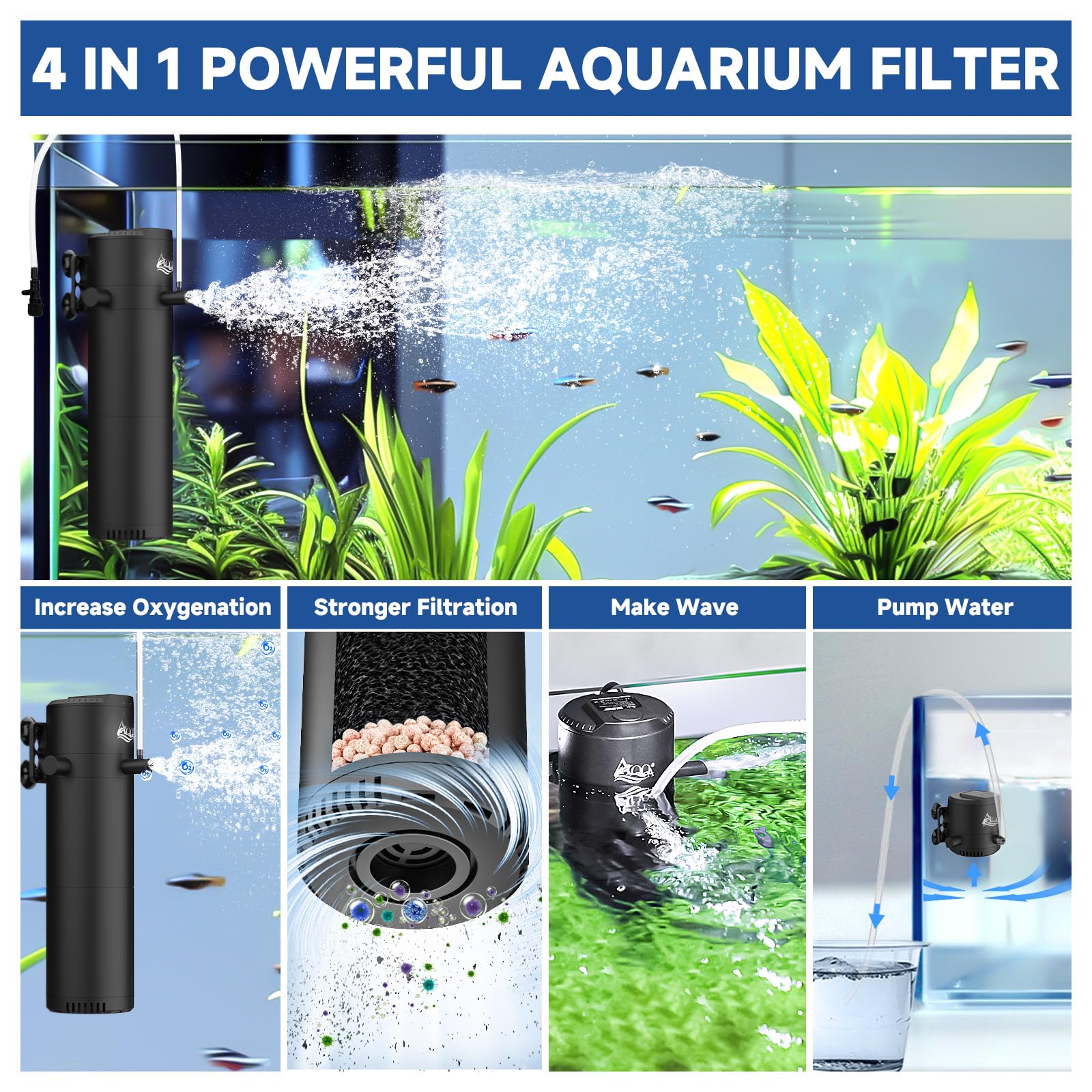 AQQA 200GPH Submersible Aquarium Filter with Dual Water Outlet & Aeration - Adjustable Air Flow for 40-80 Gallon Fish Tanks - Filtration, Oxygenation & Water Circulation Pump (8W) - Perfect for Freshwater & Saltwater Aquariums, Fish Breeding & Aquatic Plant Tanks