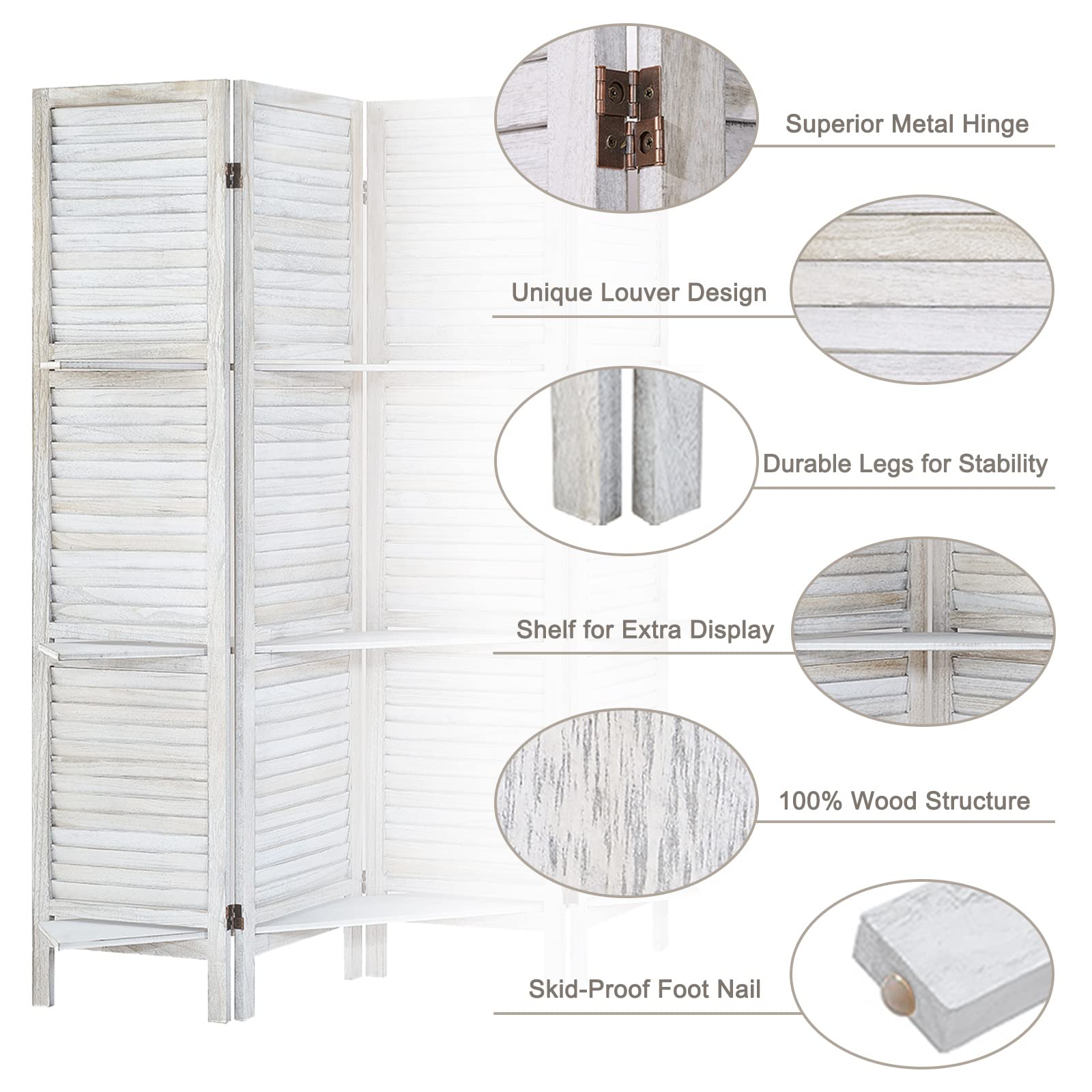 5-Panel Wooden Room Divider with Shelves - Privacy Screen & Folding Partition Wall Separator - Coconut Finish for Home Office, Bedroom, and Living Room Space Division