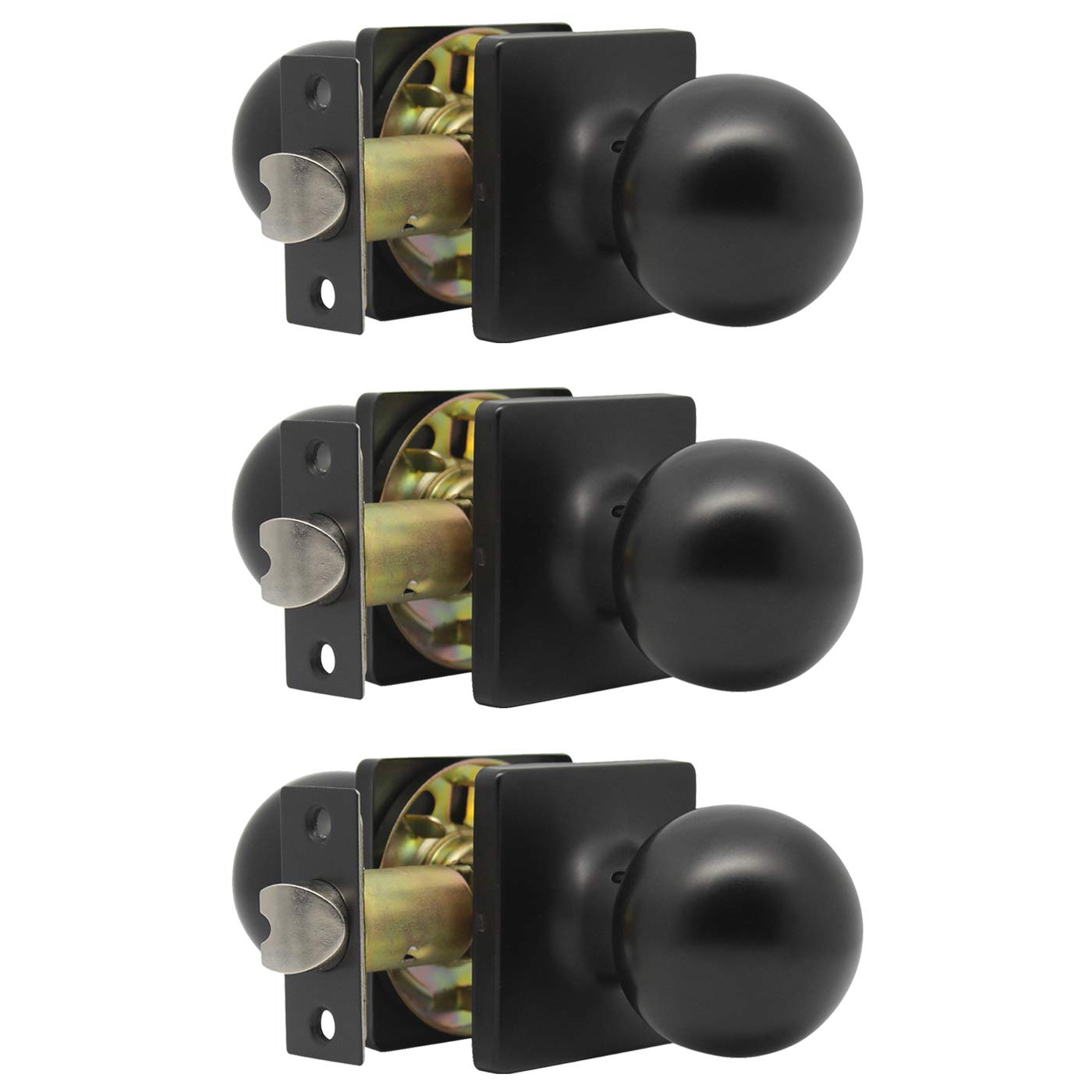 Gobrico Modern Square Plate Closet Door Knobs - Matte Black Round Passage Door Locks - Interior Doorknobs for Closet, Hallway, Laundry Room (Pack of 3) - Perfect for Bedroom, Bathroom & Home Office Doors