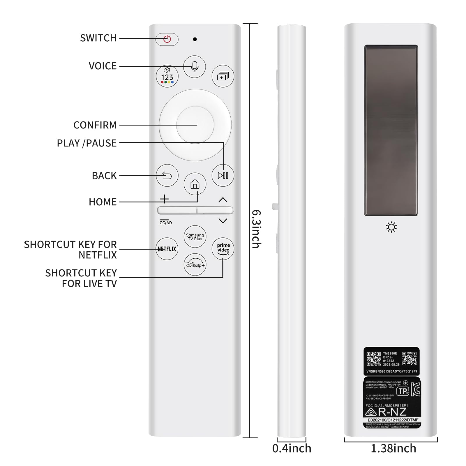 Samsung TV Remote Control Replacement BN59-01391A - Solar Voice Remote Compatible with Samsung Smart TVs 2021-2023 Neo QLED, The Frame & Crystal 4K 8K UHD Series (White) - Perfect for Home Entertainment & Smart TV Control