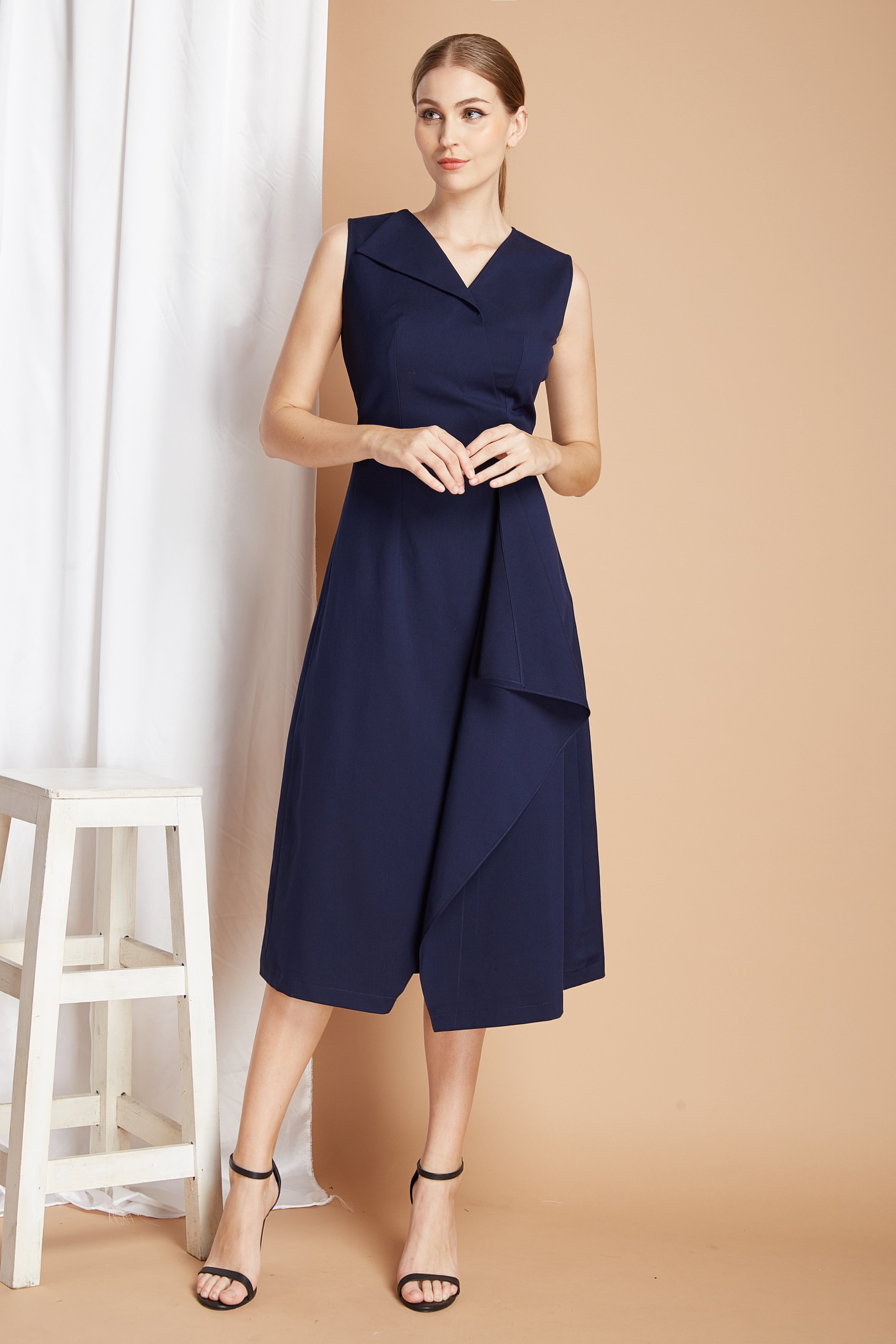 Elegant Navy Draped Front Dress - Duchess Style for Women | Perfect for Evening Parties, Weddings & Formal Events