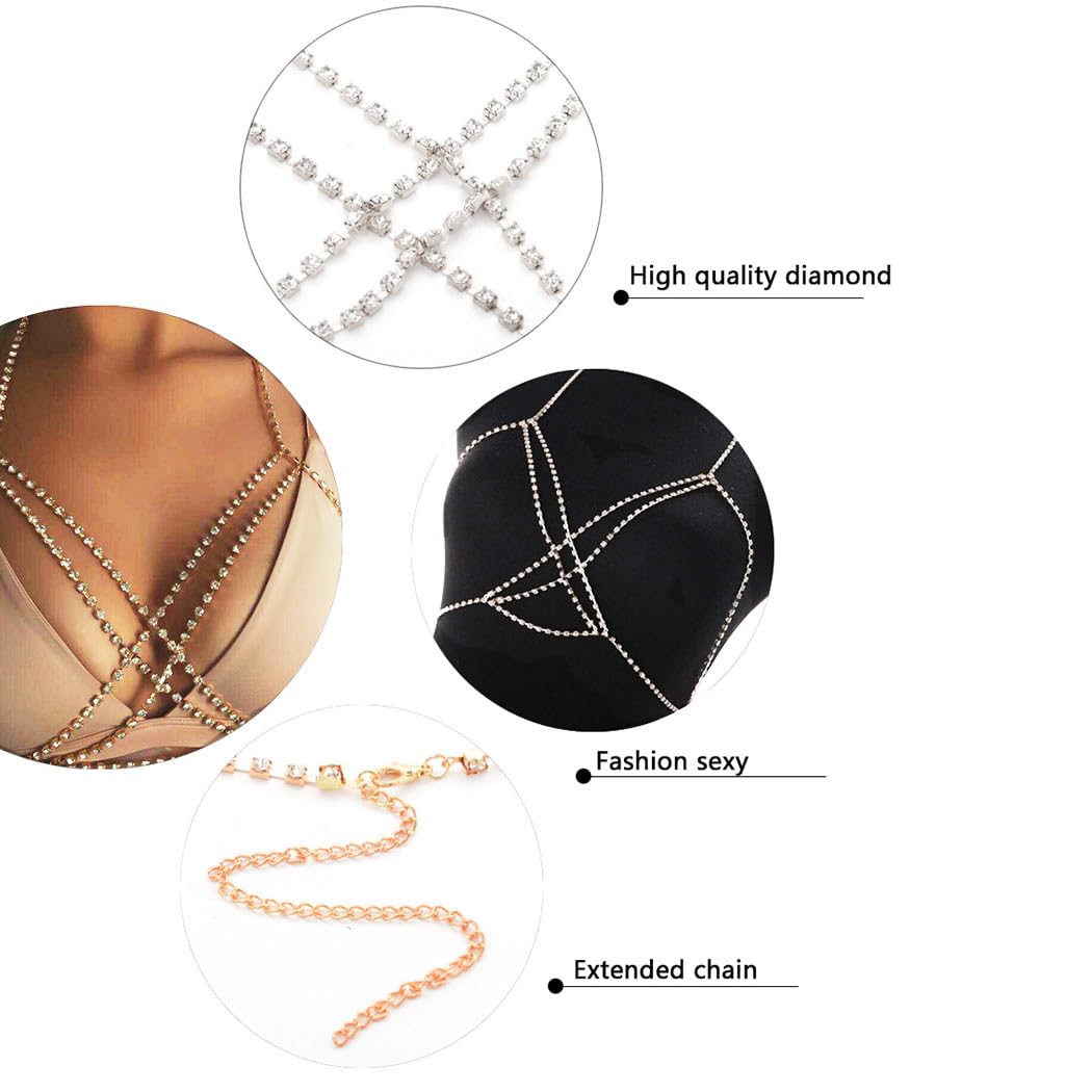 Graeen Rhinestone Body Chain for Women - Silver Crystal Cross Bra Jewelry | Elegant Chest Chain for Parties, Weddings & Festivals