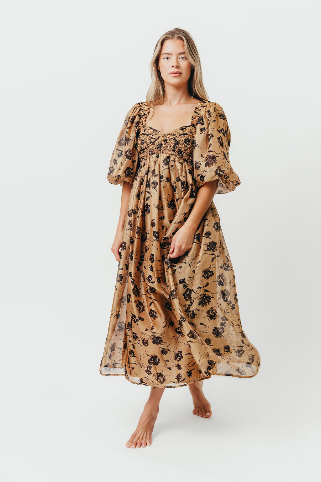 Harlow Camel & Black Floral Maxi Dress with Stretchy Neckline - Bump Friendly Maternity Dress for Women | Perfect for Pregnancy, Special Occasions & Everyday Wear (Restocking Early Fall)