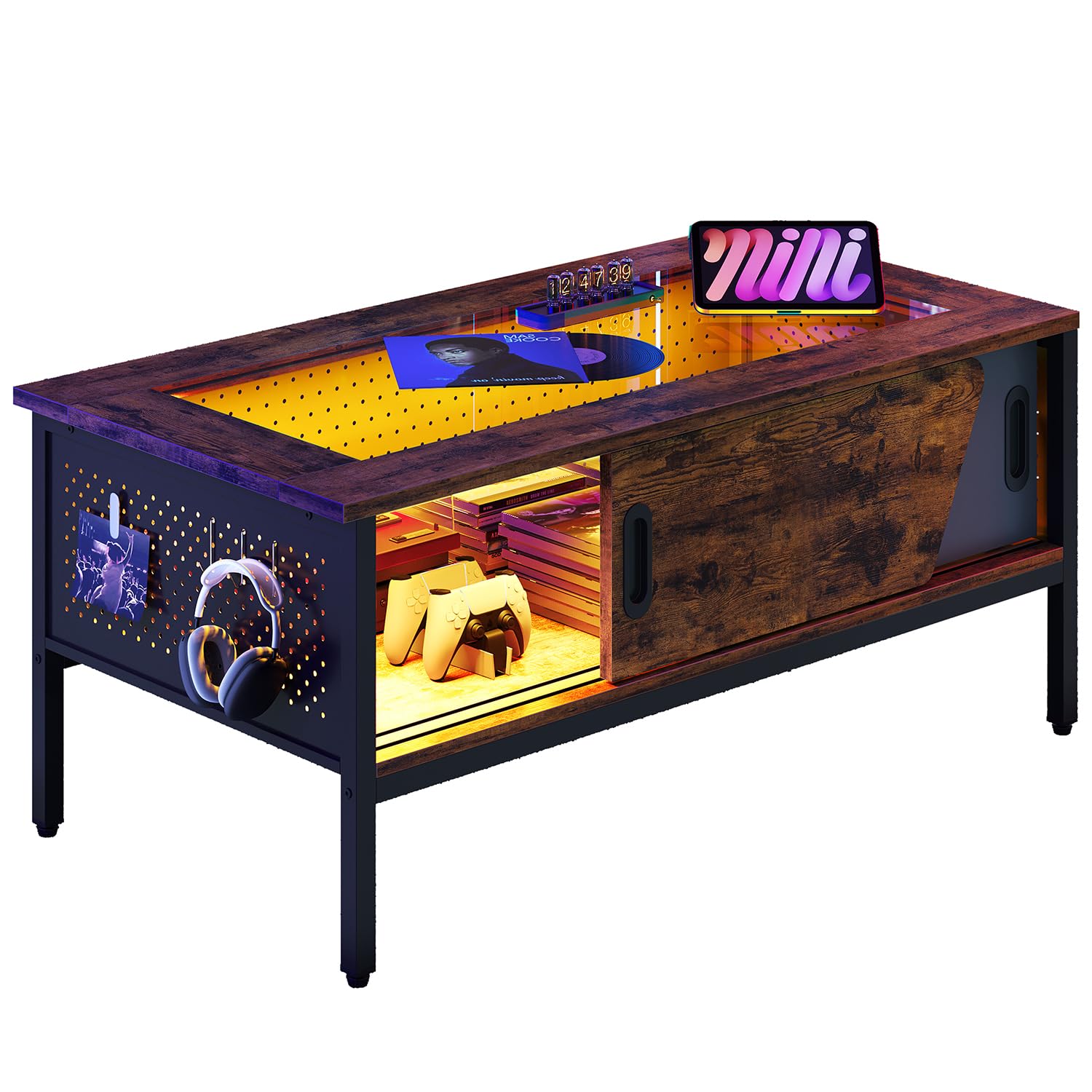 Bestier 42 Inch Rustic Brown LED Coffee Table with Storage & Sliding Glass Doors - Modern Living Room Center Table for Home Decor, Perfect for Small Spaces & Entertaining Guests