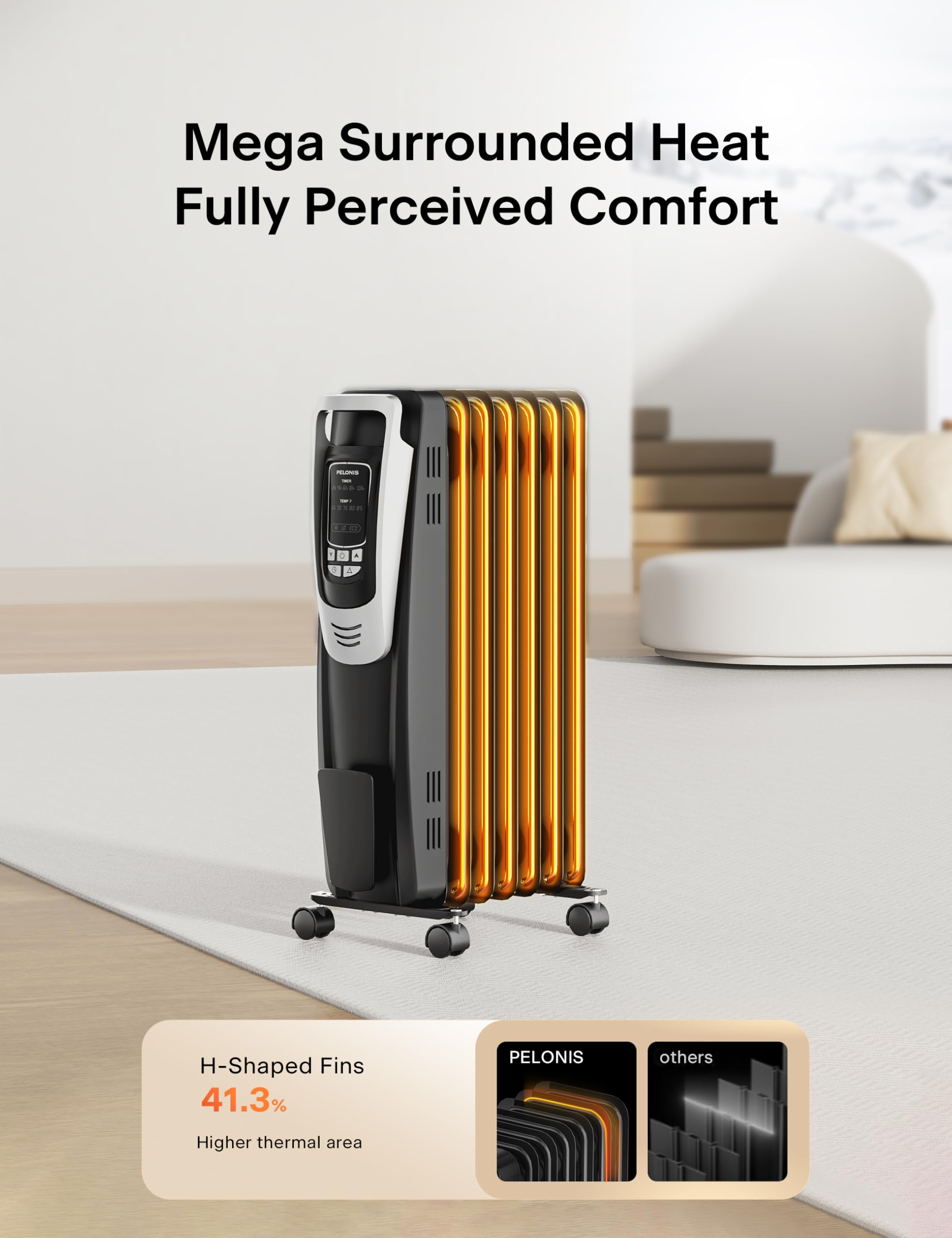 PELONIS Oil Filled Radiator Heater with Remote Control - 1500W Quiet Space Heater with Thermostat, LED Display & 5 Heat Settings - Overheat & Tip-Over Protection for Large Rooms, Bedroom, Office - Silver