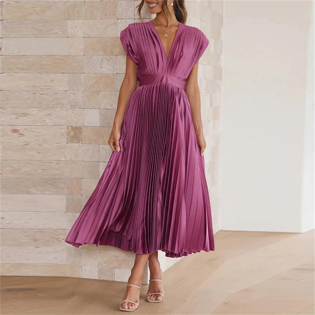 Women's Summer Sexy Pleated Dress - Casual Loose Zipper V-Neck Sleeveless Flowy Dress for Beach, Party & Vacation | Trendy & Comfortable