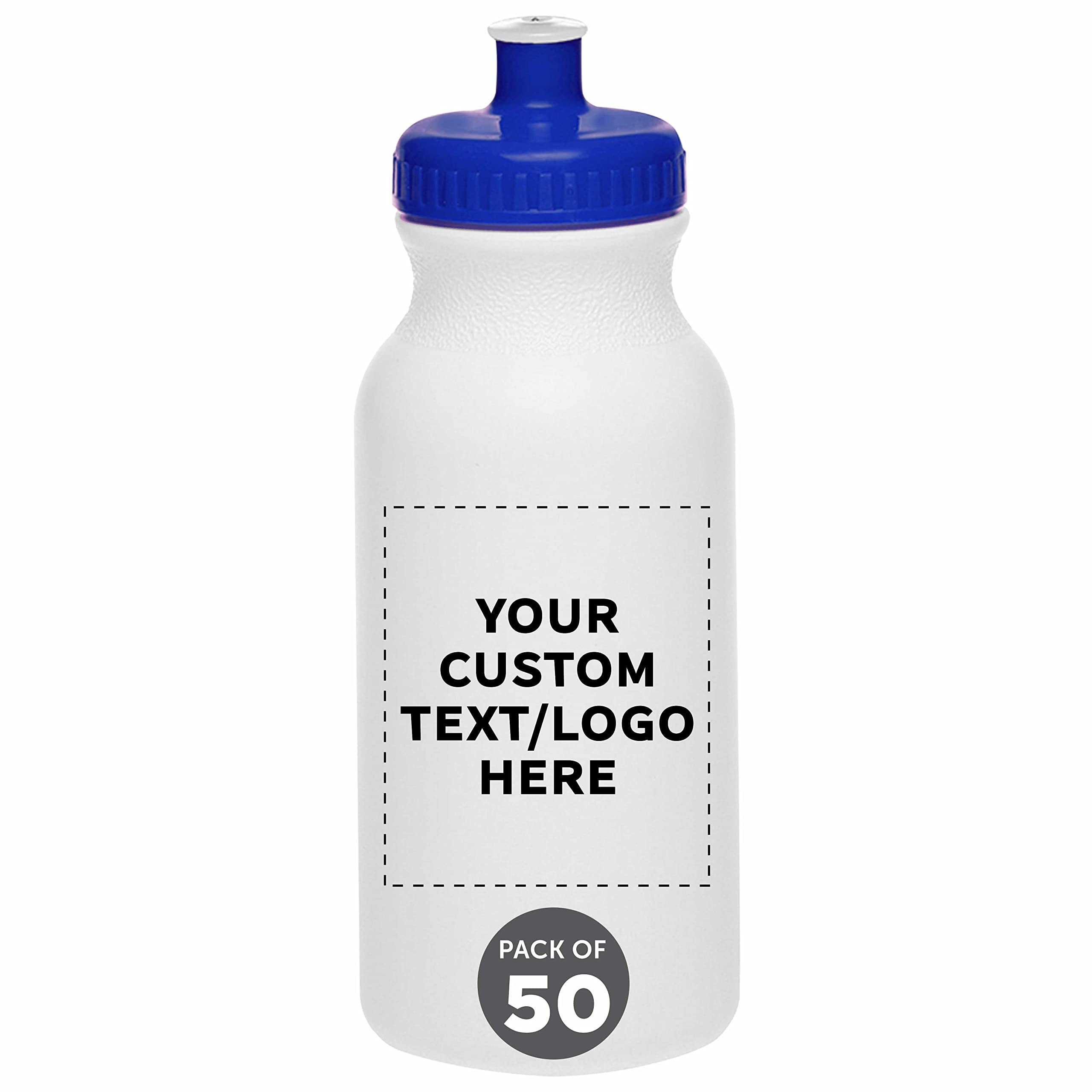 Custom White Water Bottles with Push Cap - 50 Pack, Personalized Text & Logo, 20oz BPA-Free Reusable Squeeze Bottles in Bulk (White/Blue) - Perfect for Promotions, Events, Gyms & Outdoor Activities