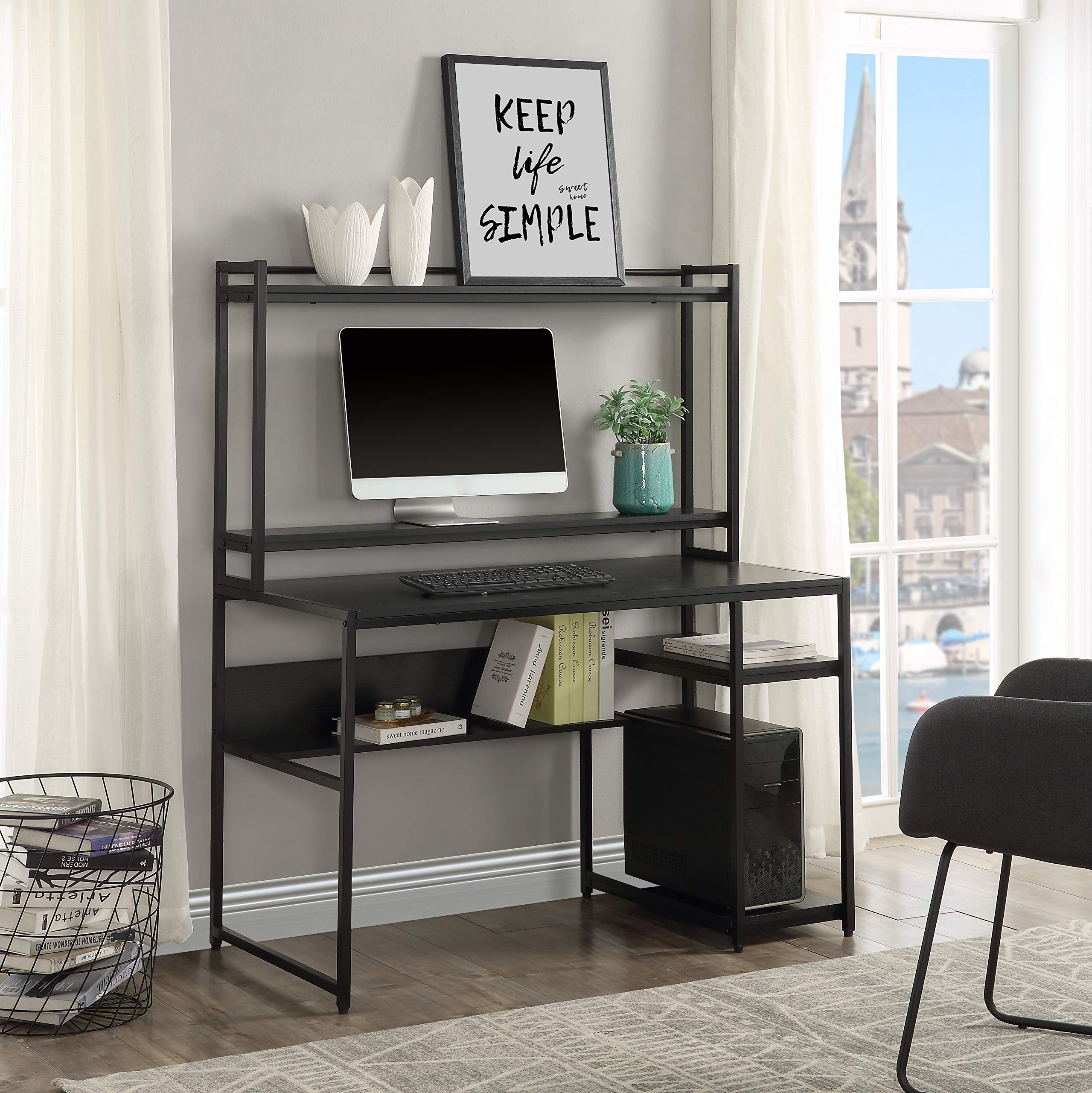 Modern Home Office Computer Desk with 2-Tier Bookshelf & Open Storage Shelf - Removable Monitor Riser, Black - Perfect for Small Spaces, Remote Work & Study Areas