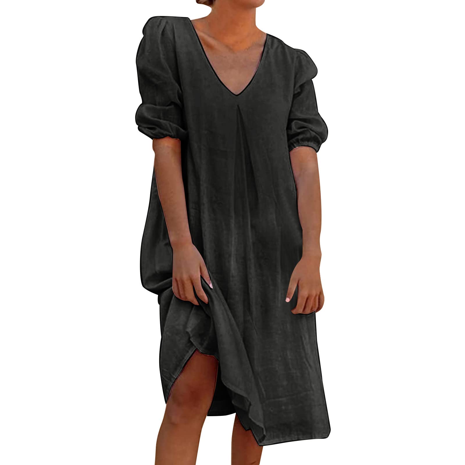 Smileyth Women's Summer Casual V-Neck Half Sleeve Flowy Maxi Dress - Solid Color Loose Tunic Swing Beach Sundress for Outdoors, Vacation & Daily Wear (Black, Size S)