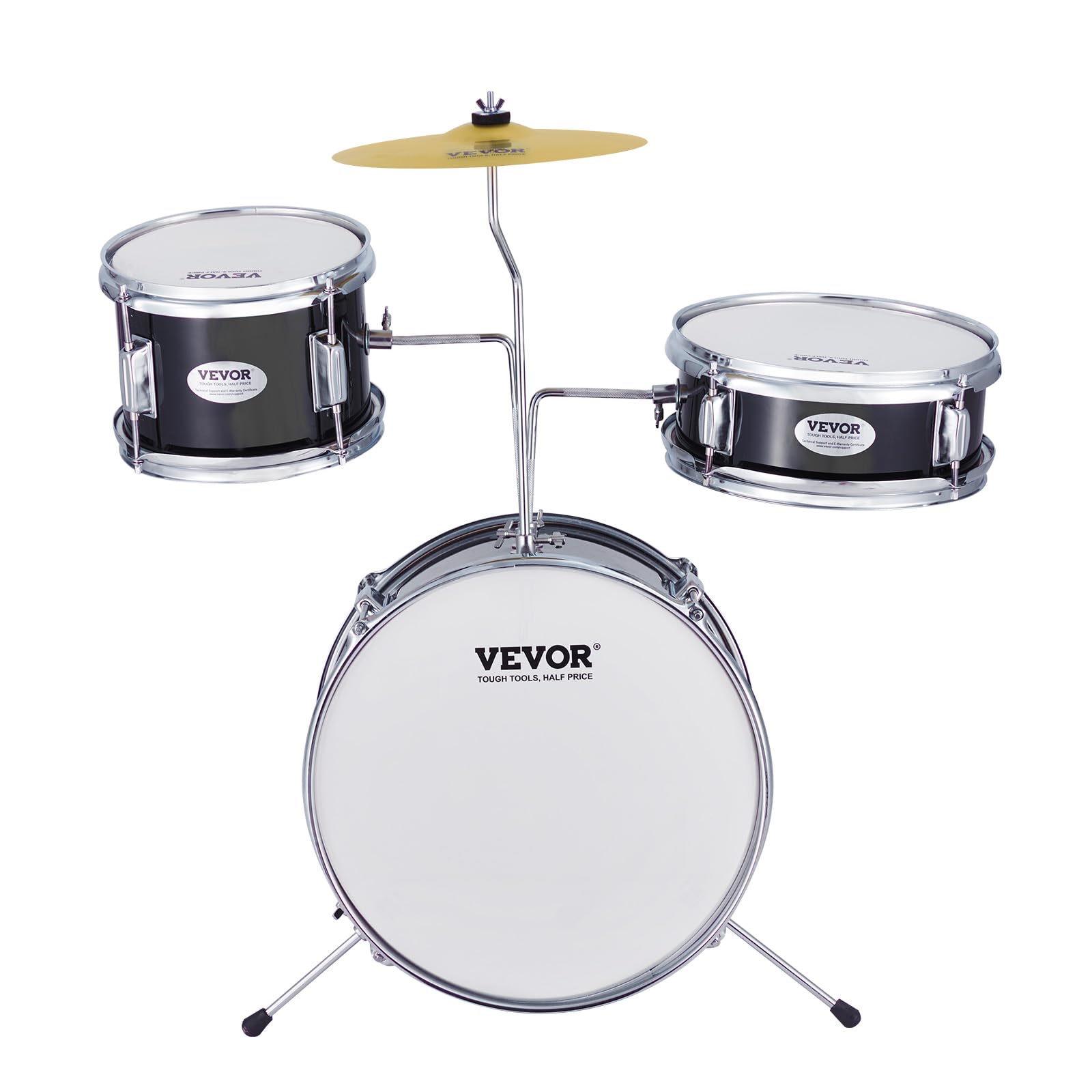 VEVOR Kids Drum Set 3-Piece Junior Beginner Drum Kit with Adjustable Throne, Sticks, Cymbal & Pedal - 14 Inch Black Tom Snare Bass Starter Drum Set for Children | Perfect for Home Practice, Music Lessons & Birthday Gifts