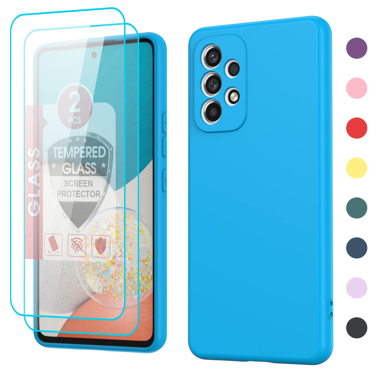 Samsung Galaxy A53 5G Case with [2 Pack] Tempered Glass Screen Protector - Liquid Silicone Soft Microfiber Liner Cover - Sky Blue - Perfect for Everyday Protection & Drop Prevention
