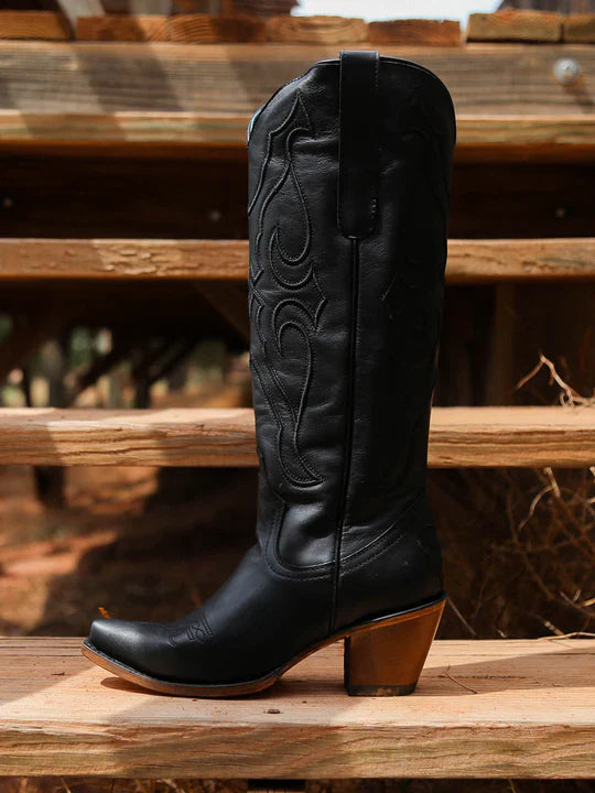 Z5075 Women's Black Embroidered Tall Top Snip Toe Cowboy Boots - Western Fashion for Rodeo, Country Dance & Casual Wear