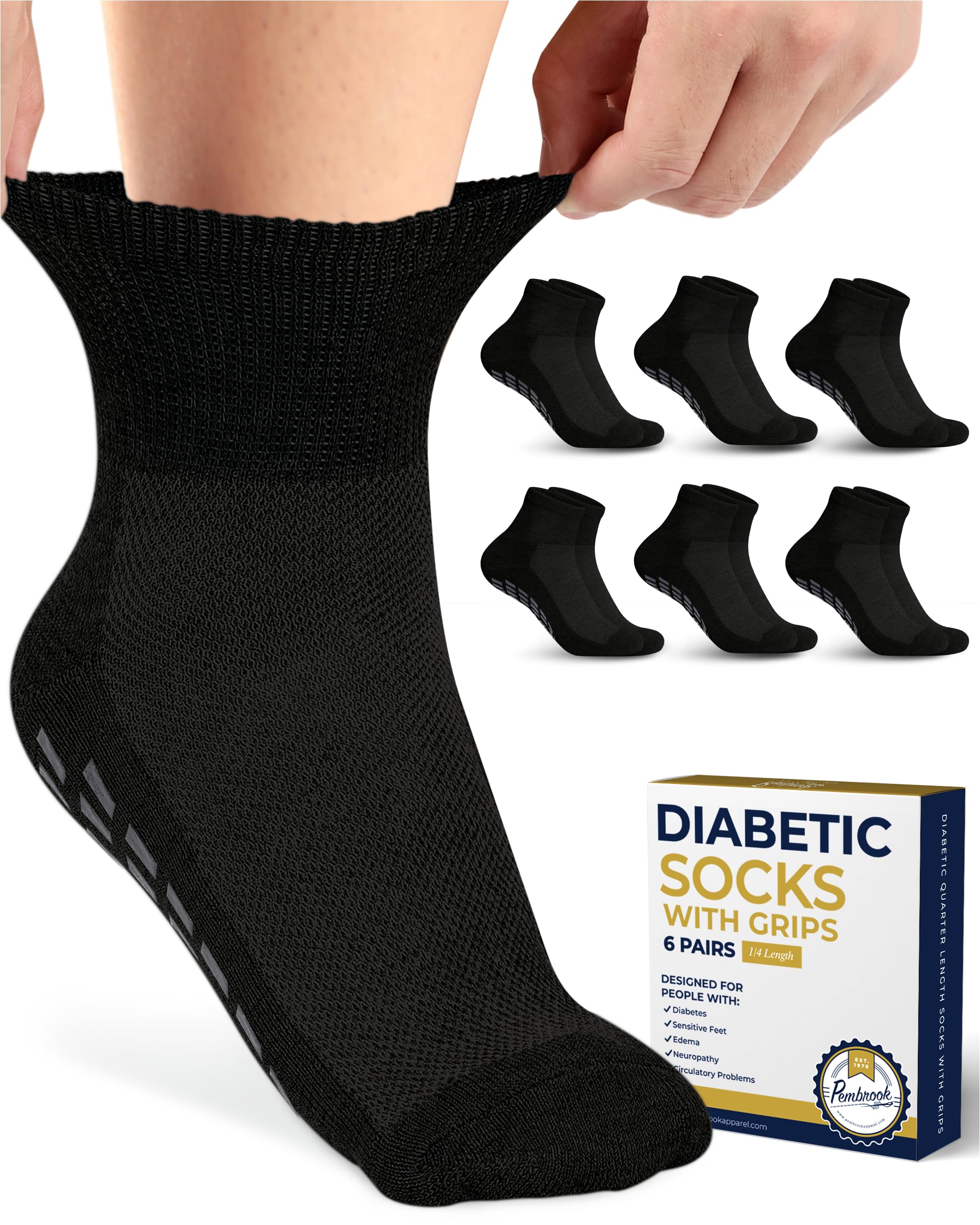 Diabetic Ankle Socks for Men & Women with Non-Slip Grips | 6 Pairs 1/4 Crew Length Wide Comfort Socks | Non-Binding Design for Circulation | Ideal for Diabetes, Elderly & Daily Wear