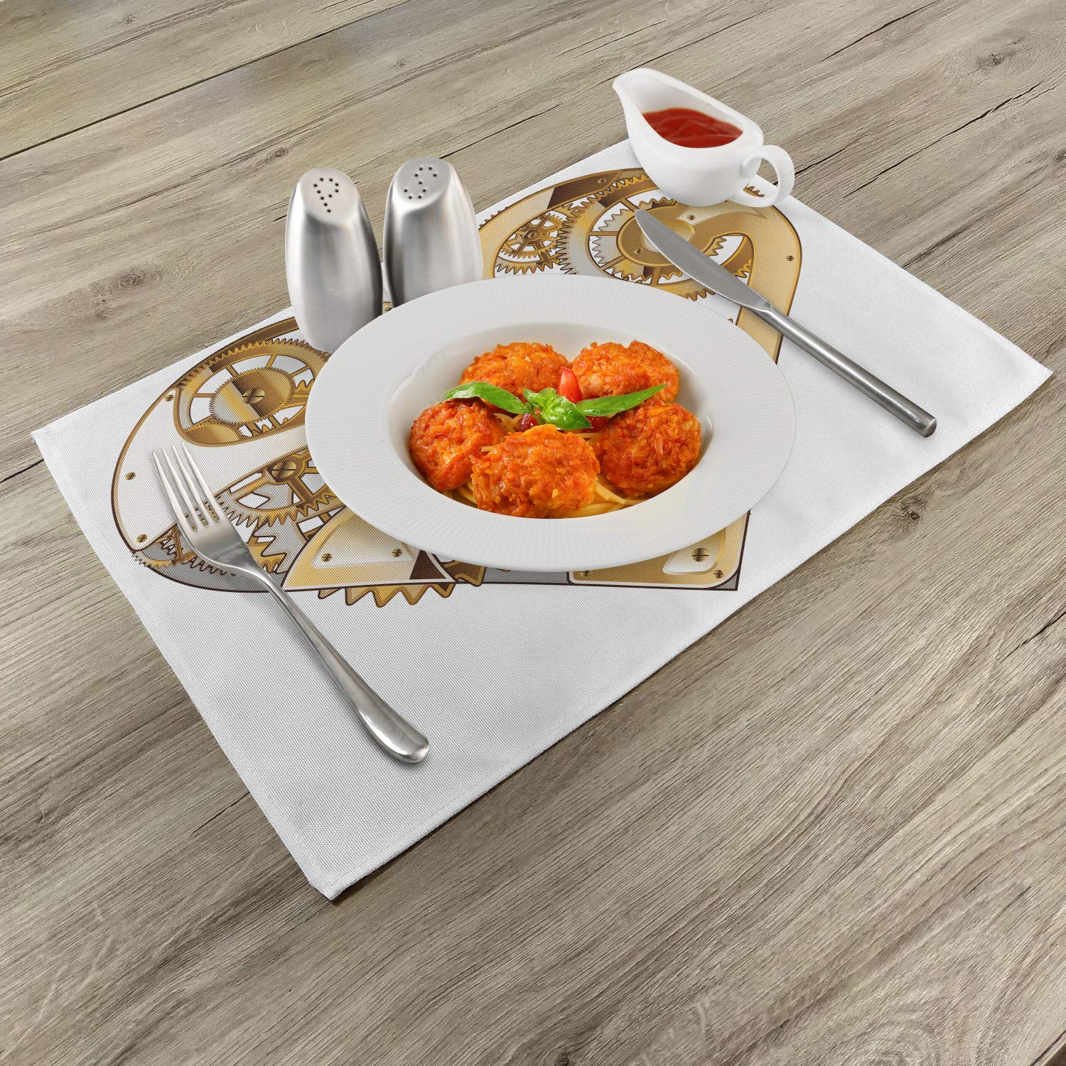 Ambesonne Industrial Placemats Set of 4 - Mechanic Heart Physical Bodies Complex Structure Love Techno Romance Design - Washable Fabric Table Mats for Dining Room & Kitchen Decor in Pale Brown & White - Perfect for Dinner Parties, Family Gatherings & Home Decor