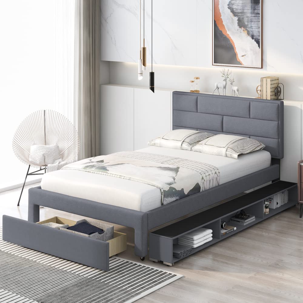DNChayan Full Size Upholstered Storage Bed with Shelves & Drawer - Gray Platform Bed Frame for Small Spaces | Perfect for Apartments, Dorms & Guest Rooms