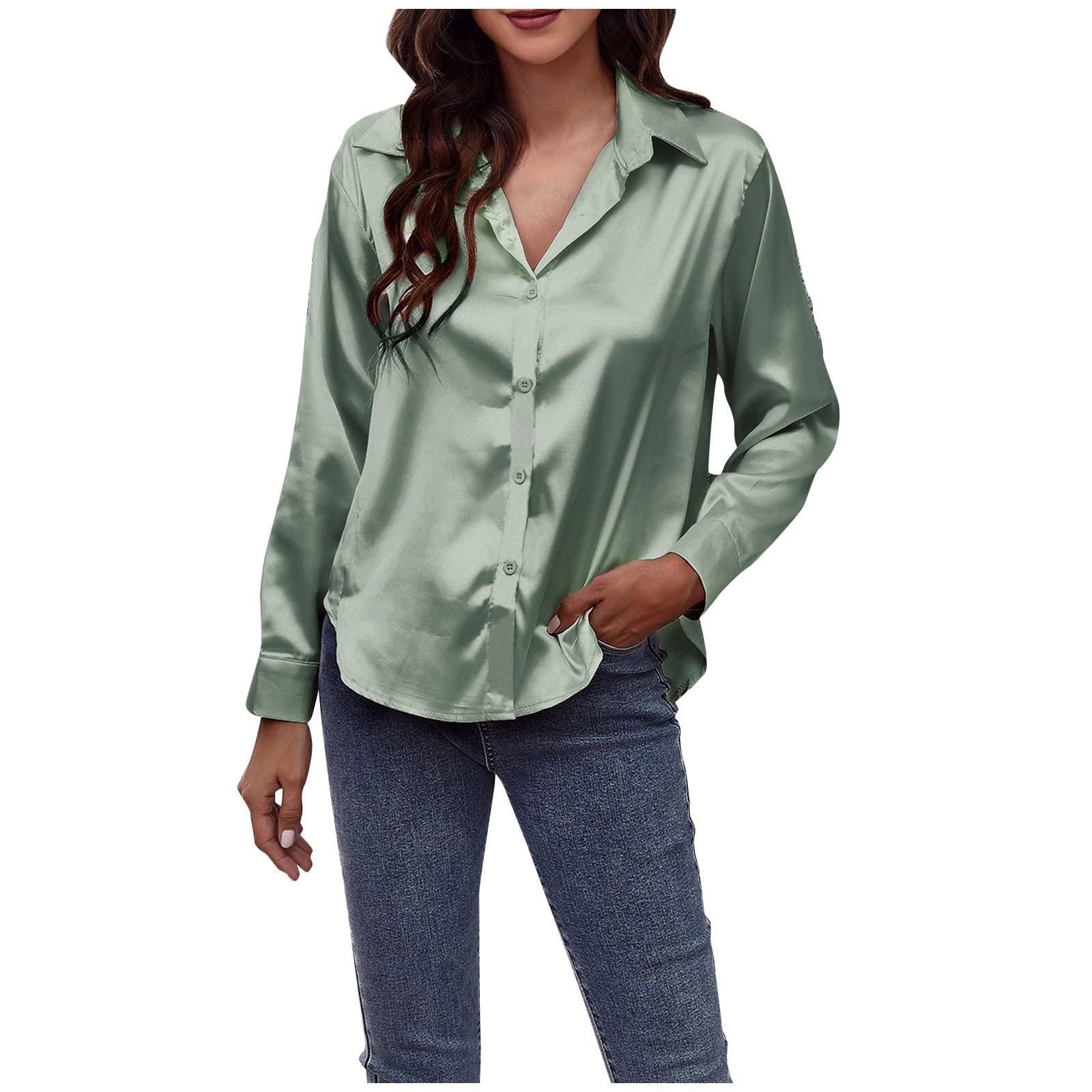 NaRHbrg Women's Satin Button Down Long Sleeve Blouse - Elegant Office Work Tunic Top for Casual Wear, Holiday Outfits & Going Out | Perfect for Business Meetings, Date Nights & Special Occasions