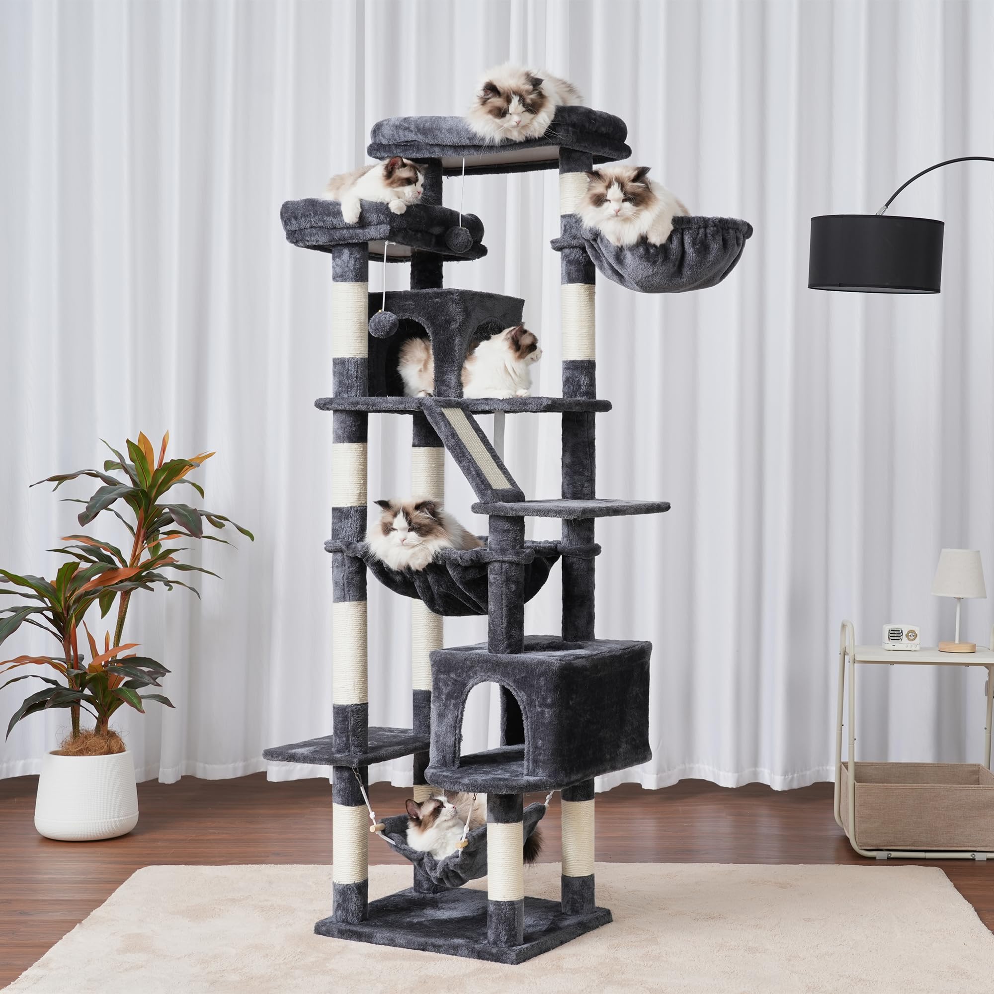 Heybly 71-Inch Tall Cat Tree for Indoor Cats - 2 Perches, 2 Large Condos, 2 Hammocks, Basket & Scratching Pad - Durable Cat Furniture Tower in Smoky Gray (HCT034G) - Perfect for Play, Rest & Scratching in Living Rooms & Bedrooms