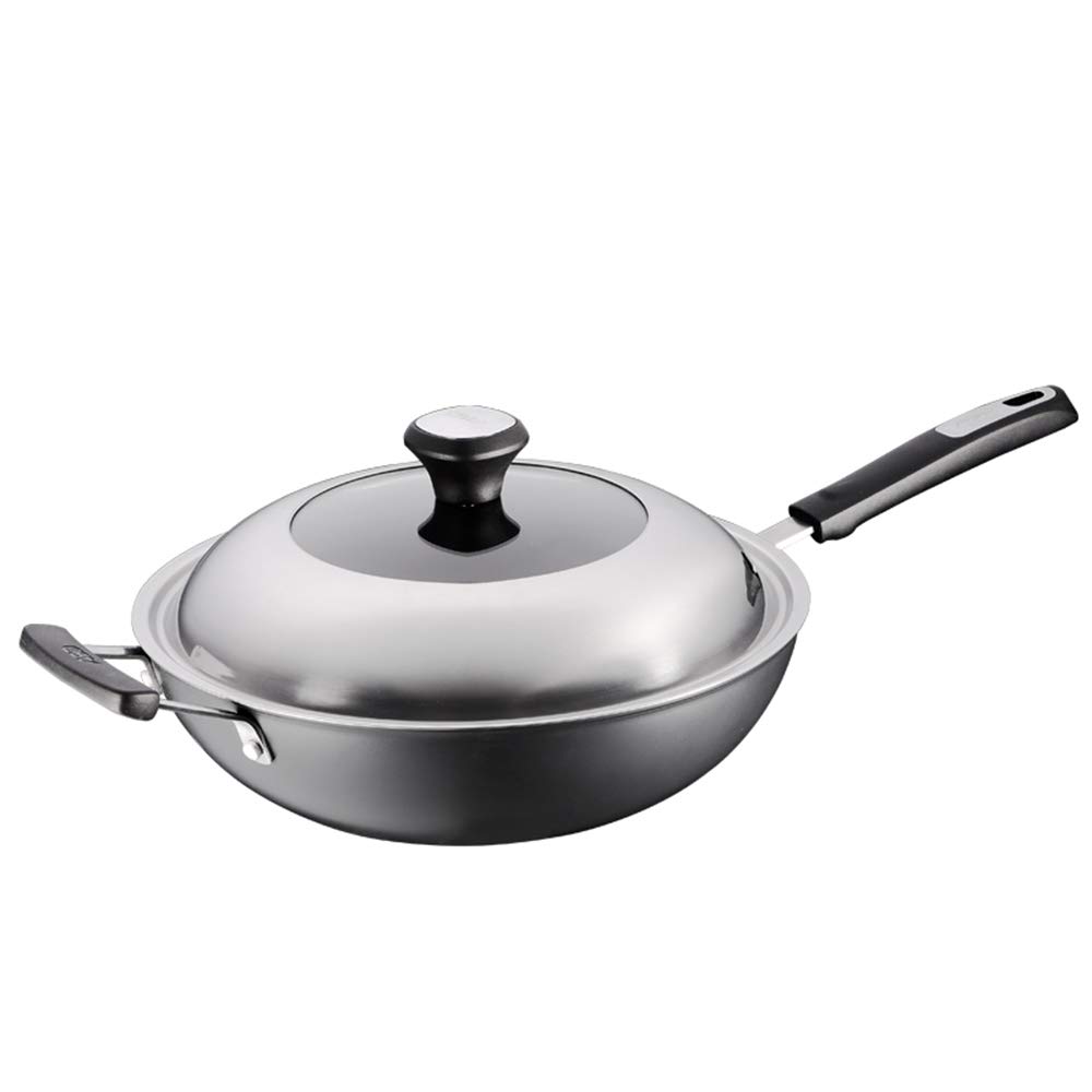 Non-Stick Stainless Steel Wok Pan with Lid - 12 Inch Black Cube Hybrid Wok Pot with Ergonomic Handle - Perfect for Stir-Frying, Sautéing & Asian Cooking