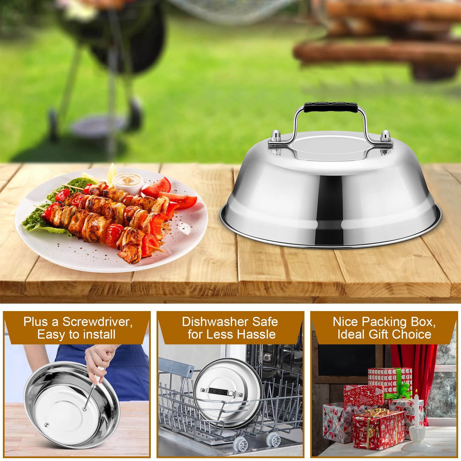 Joyfair 9-Inch Stainless Steel Cheese Melting Dome & BBQ Basting Cover – Heavy Duty Heatproof Lid for Grilling Steak, Melting Cheese, Steaming Vegetables – Perfect for Outdoor Cooking, Camping & Backyard BBQs