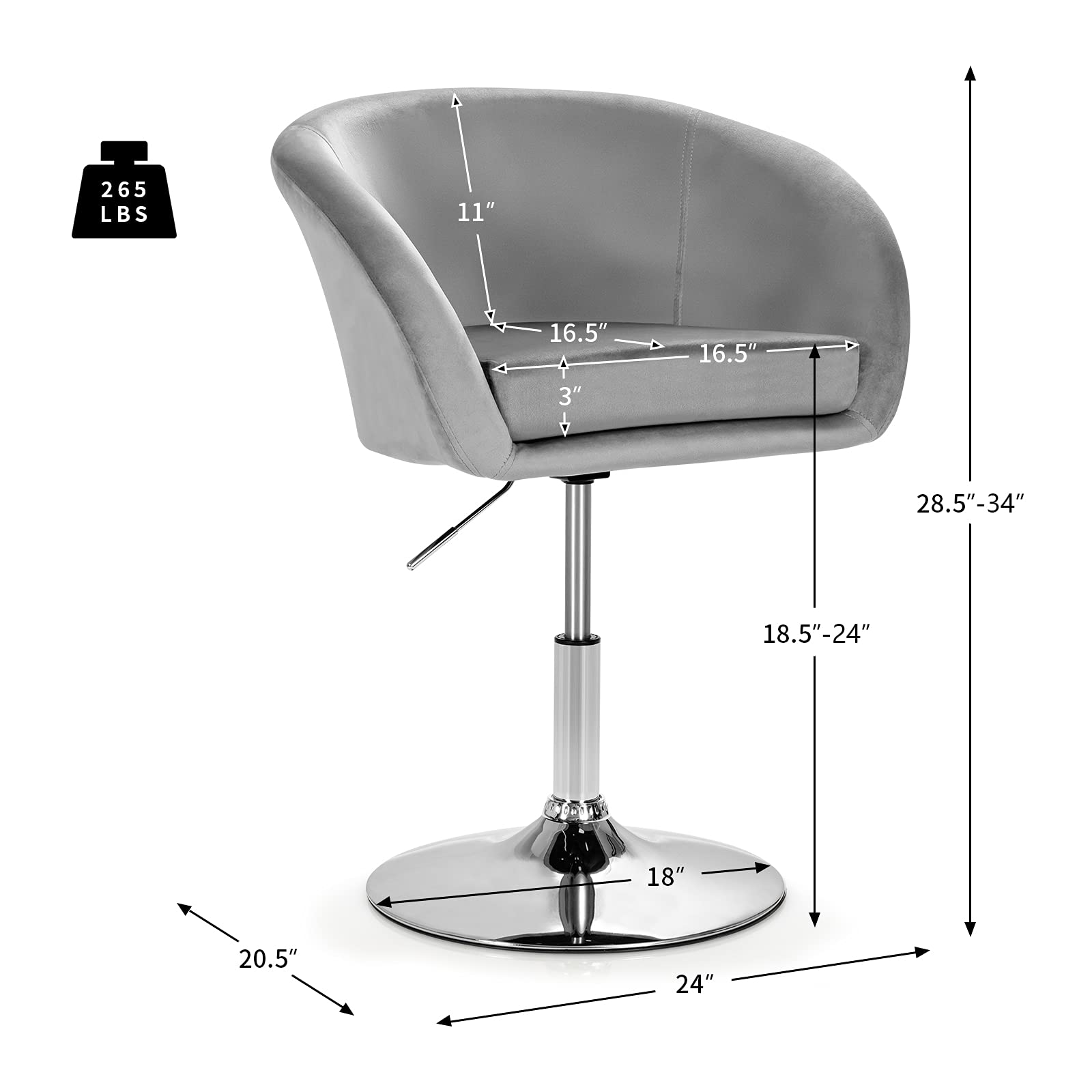 COSTWAY Adjustable Height Velvet Makeup Vanity Chair with Chrome Frame - Modern Round-Back Swivel Accent Chair for Bedroom, Living Room & Dressing Area - Soft Grey Upholstered Leisure Stool (Perfect for Makeup, Reading & Relaxing)